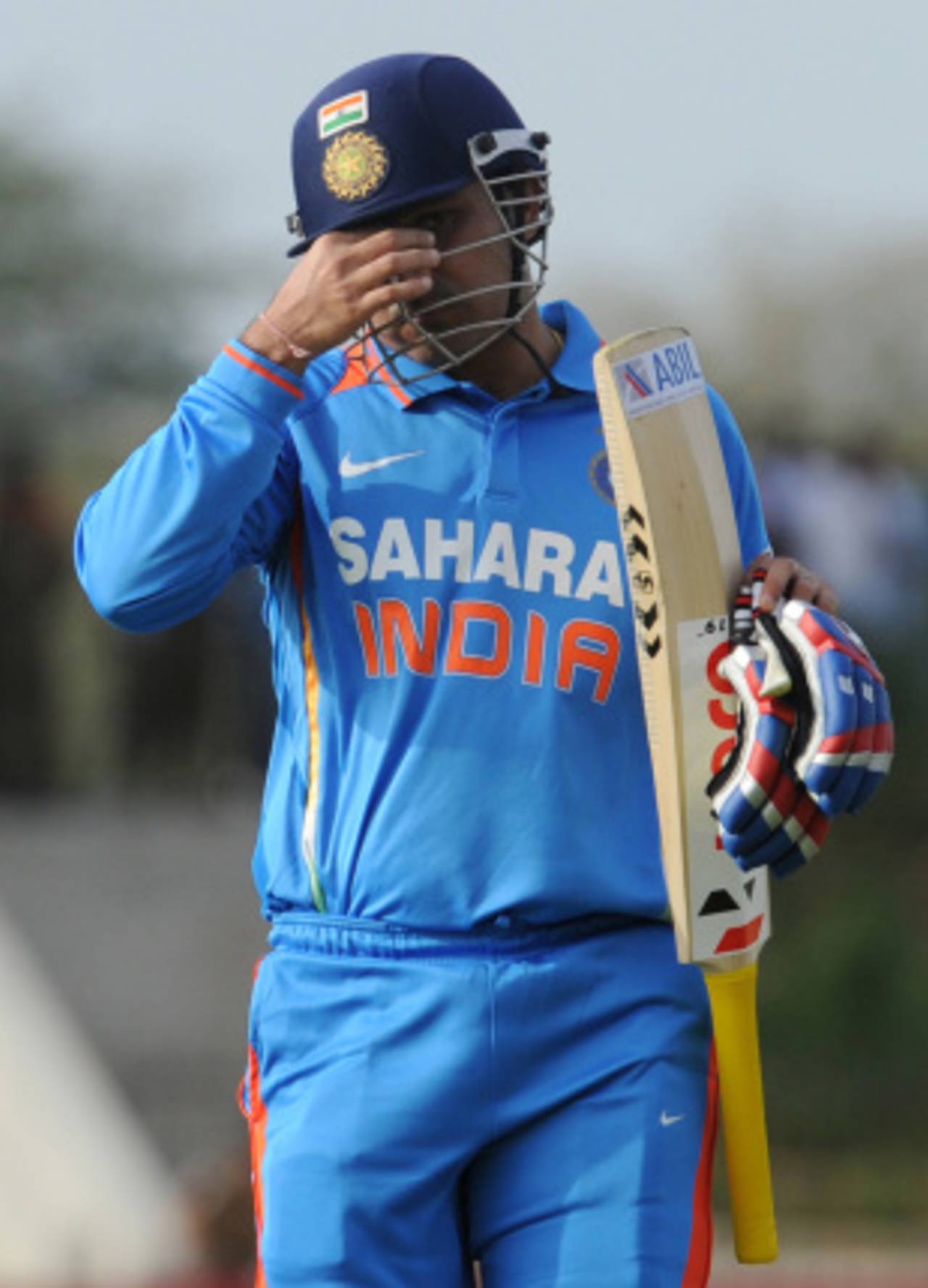 Virender Sehwag walks back after being run out for 96, Sri Lanka v India, 1st ODI, Hambantota, July 21, 2012