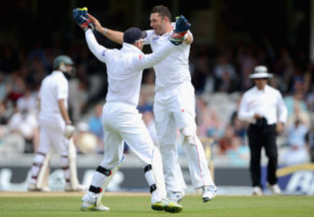 Tim Bresnan and Matt Prior celebrate the end of South Africa's second-wicket partnership, England v South Africa, 1st Investec Test, The Oval, 3rd day, July 21, 2012