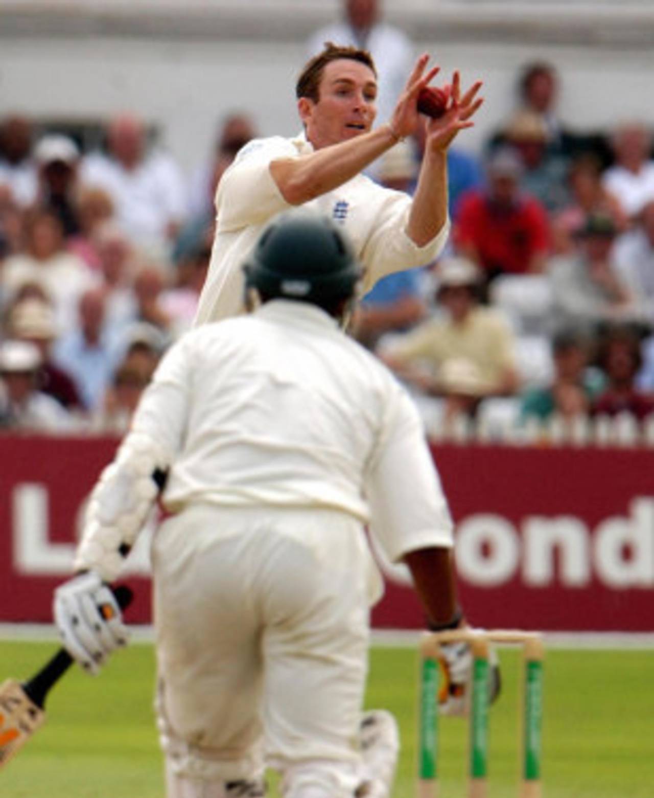 James Kirtley takes a catch off his own bowling to dismiss Paul Adams, England v South Africa, 3rd Test, Trent Bridge, 5th day, August 18, 2003