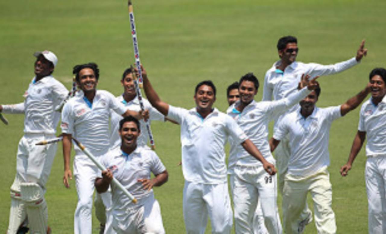 The Rajshahi players break into dance after winning their fourth national first-class title, in April 2012&nbsp;&nbsp;&bull;&nbsp;&nbsp;Anisur Rahman