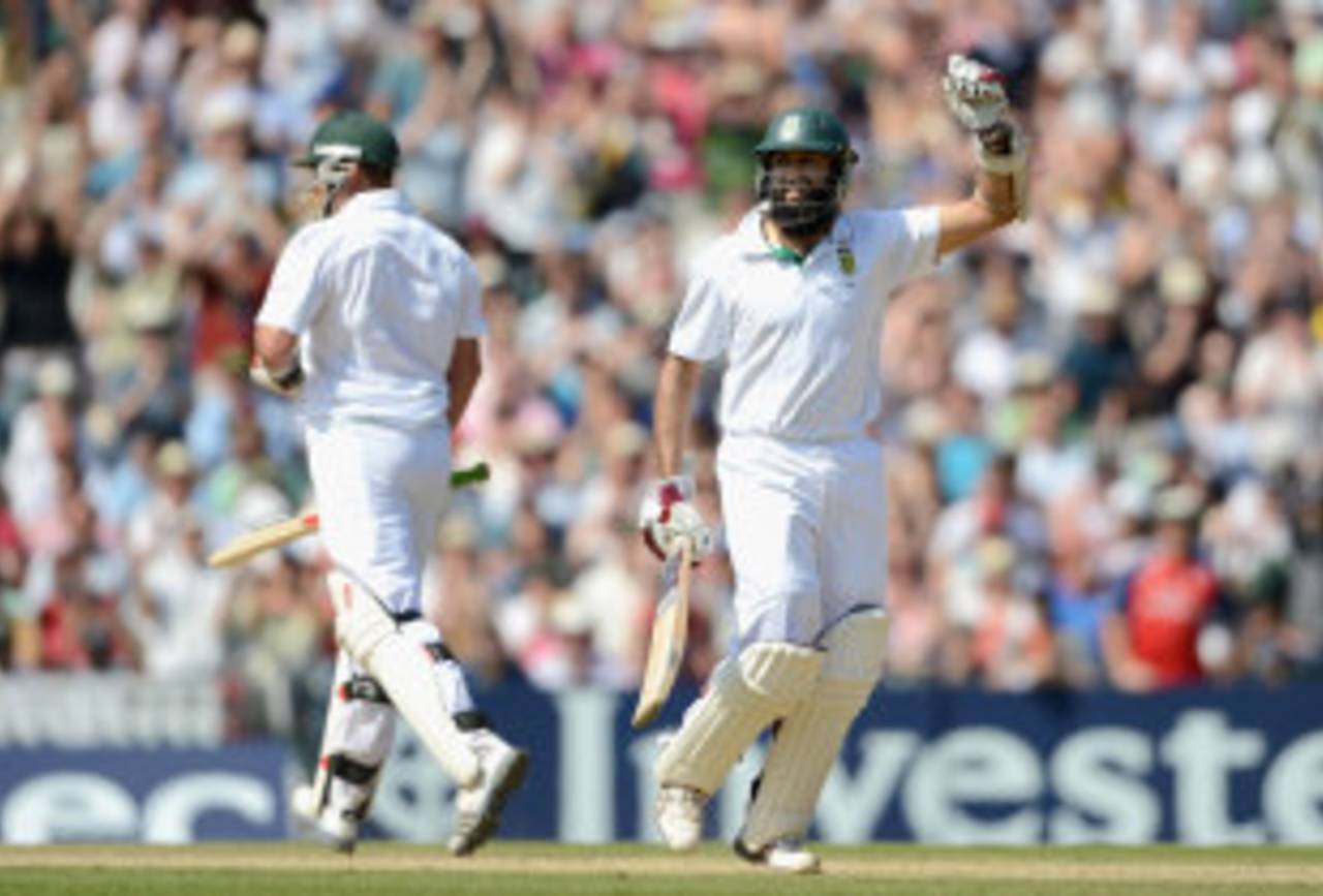 Hashim Amla celebrates after his record-breaking stroke runs for four, England v South Africa, 1st Investec Test, The Oval, 4th day, July, 22, 2012