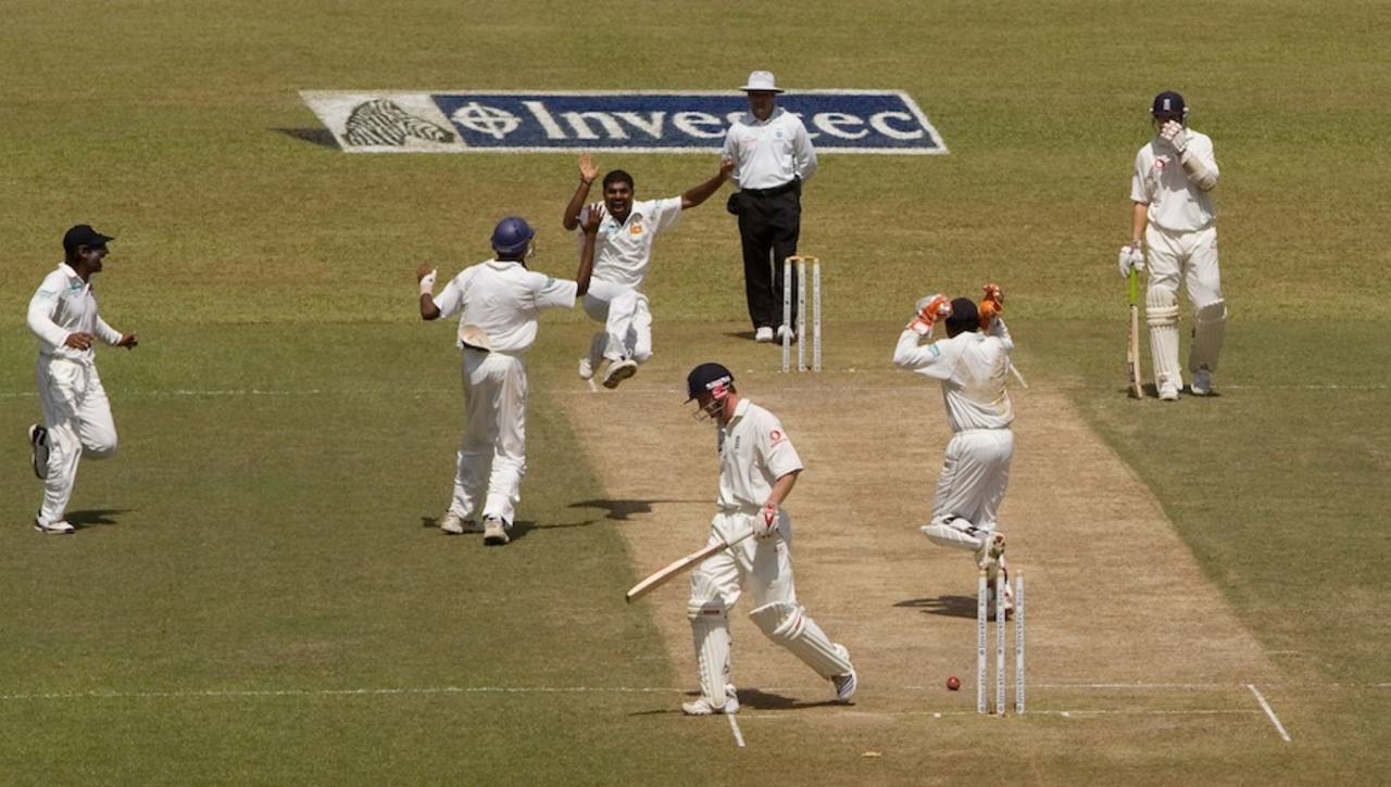 Muttiah Muralitharan leaps in the air after claiming his 709th Test victim, Sri Lanka v England, 1st Test, Kandy, December 3, 2007
