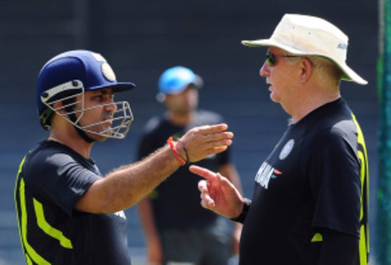 Virender Sehwag in discussion with Duncan Fletcher at a training session, Colombo, July 26, 2012