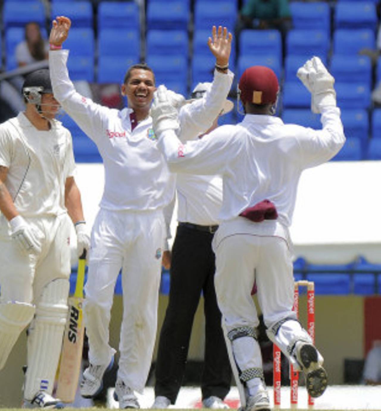 Sunil Narine celebrates his first five-wicket haul in Tests, West Indies v New Zealand, 1st Test, Antigua, 2nd day, July 26, 2012
