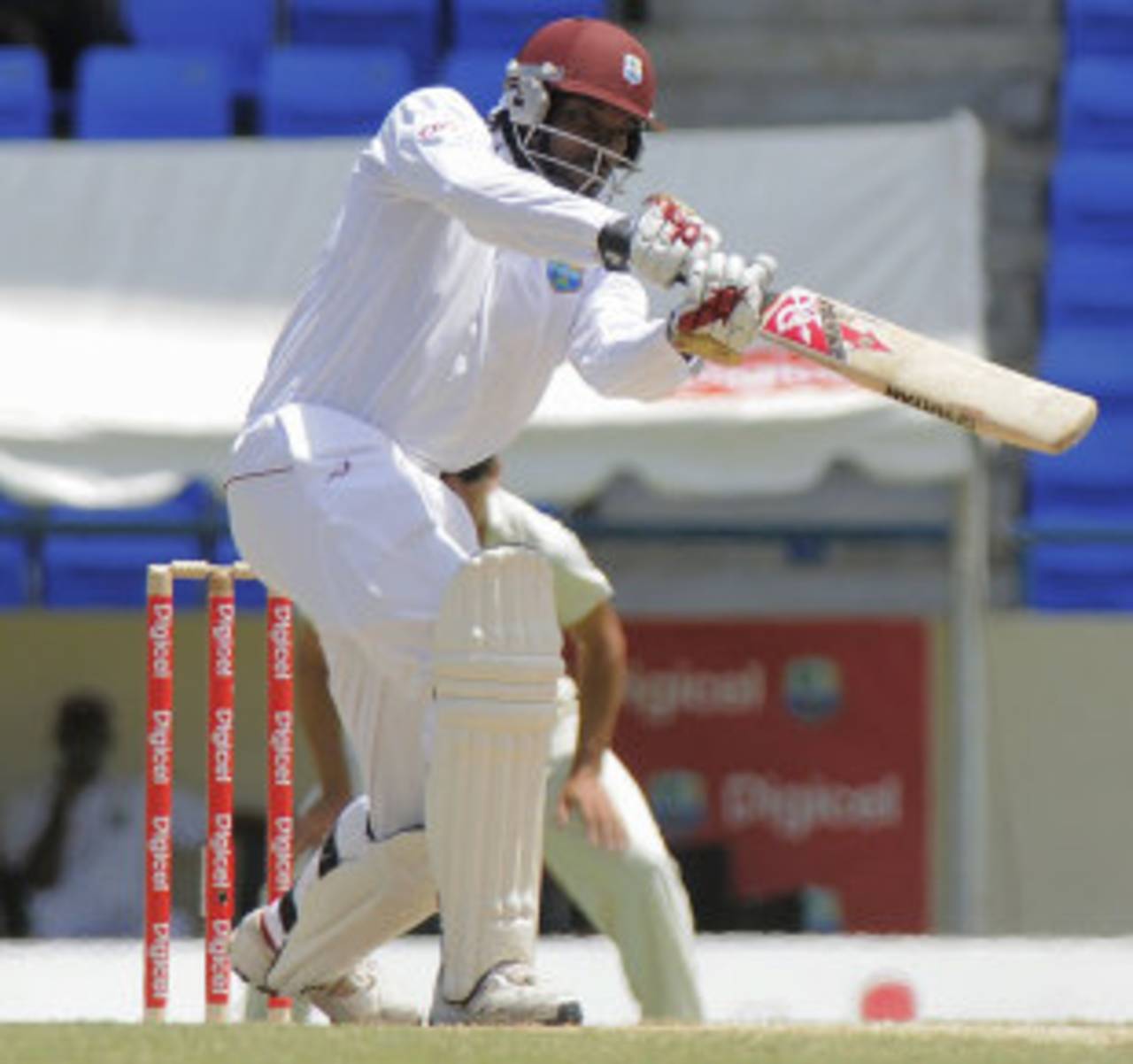 Chris Gayle drives during his unbeaten 85, West Indies v New Zealand, 1st Test, Antigua, 2nd day, July 26, 2012