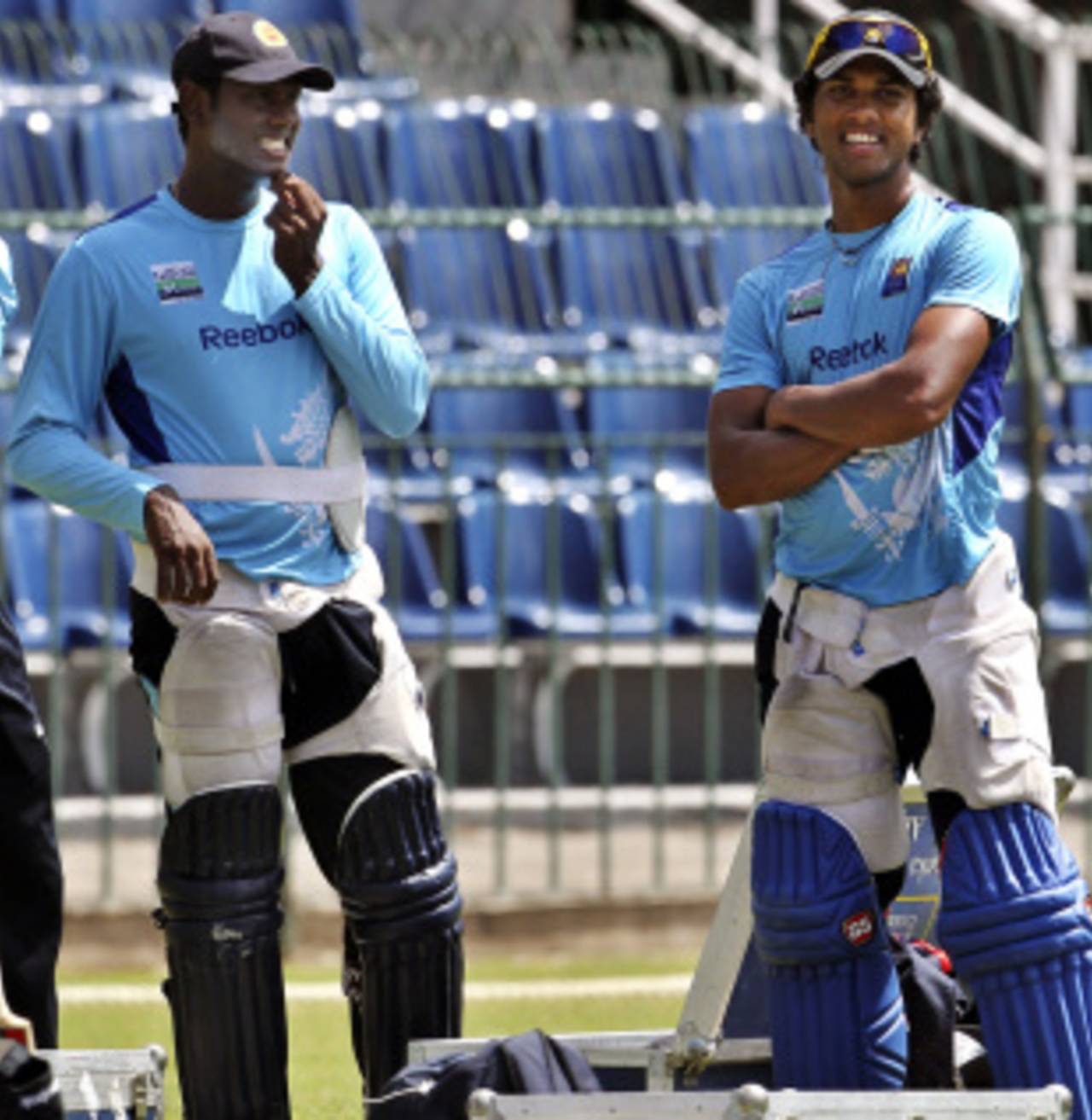 Angelo Mathews with Dinesh Chandimal at a practise session, Colombo, July 27 2012