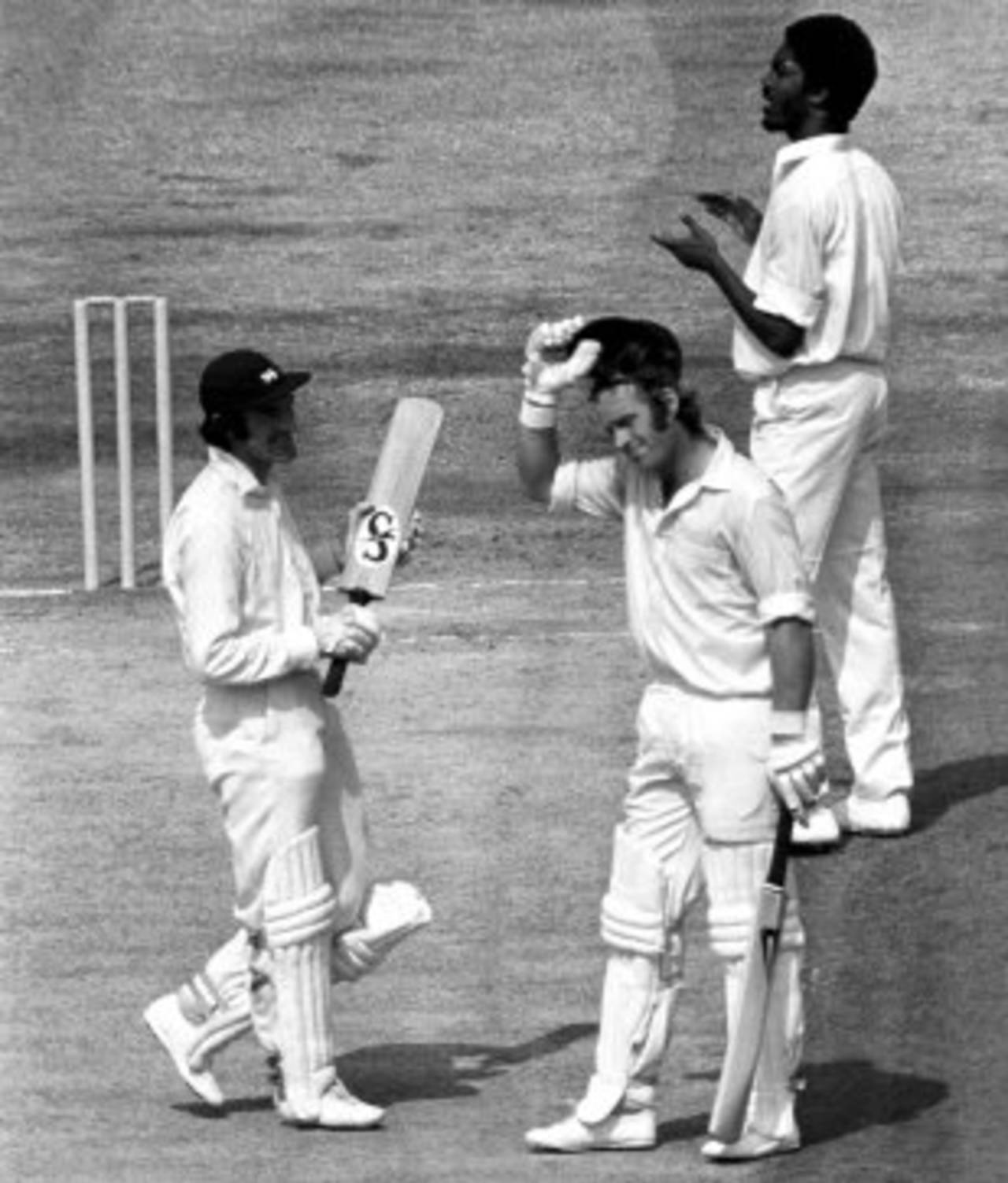 Dennis Amiss is congratulated for his double-century by team-mate Alan Knott and bowler Michael Holding, England v West Indies, 5th Test, The Oval, 4th day, August 16, 1976