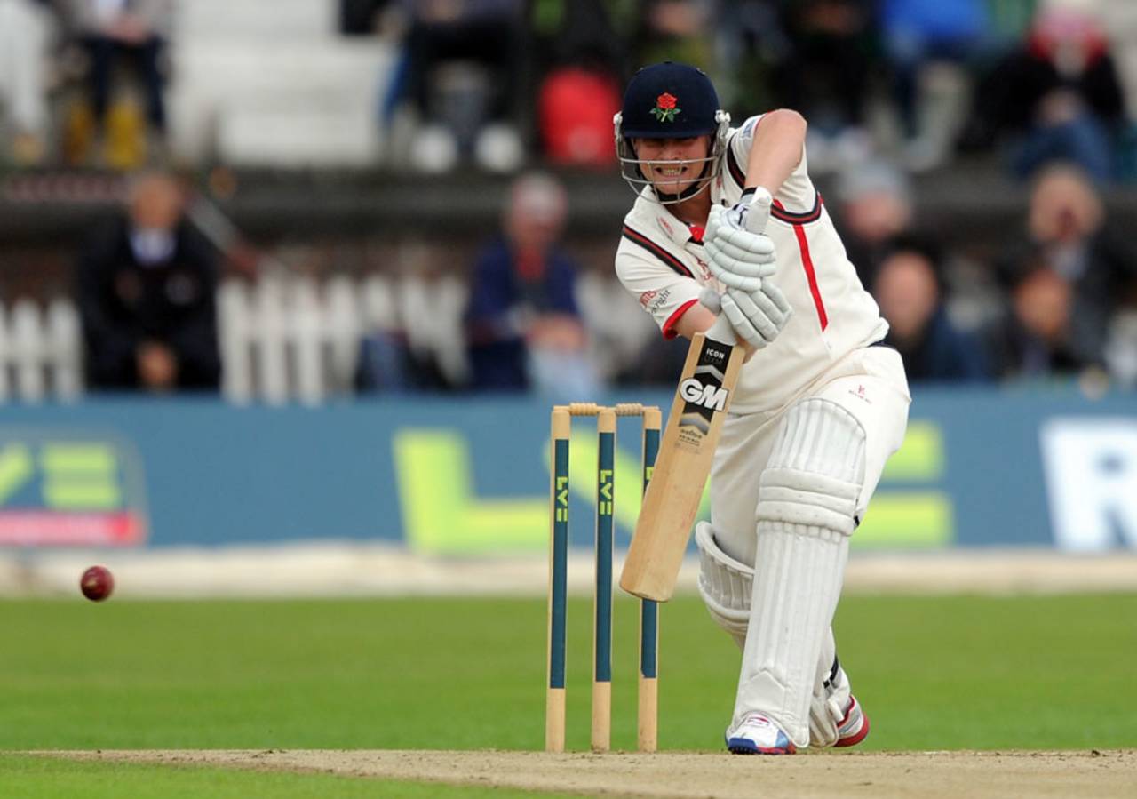 Karl Brown pushes into the off side, Lancashire v Somerset, County Championship, Division One, Aigburth, 1st day, August 1, 2012