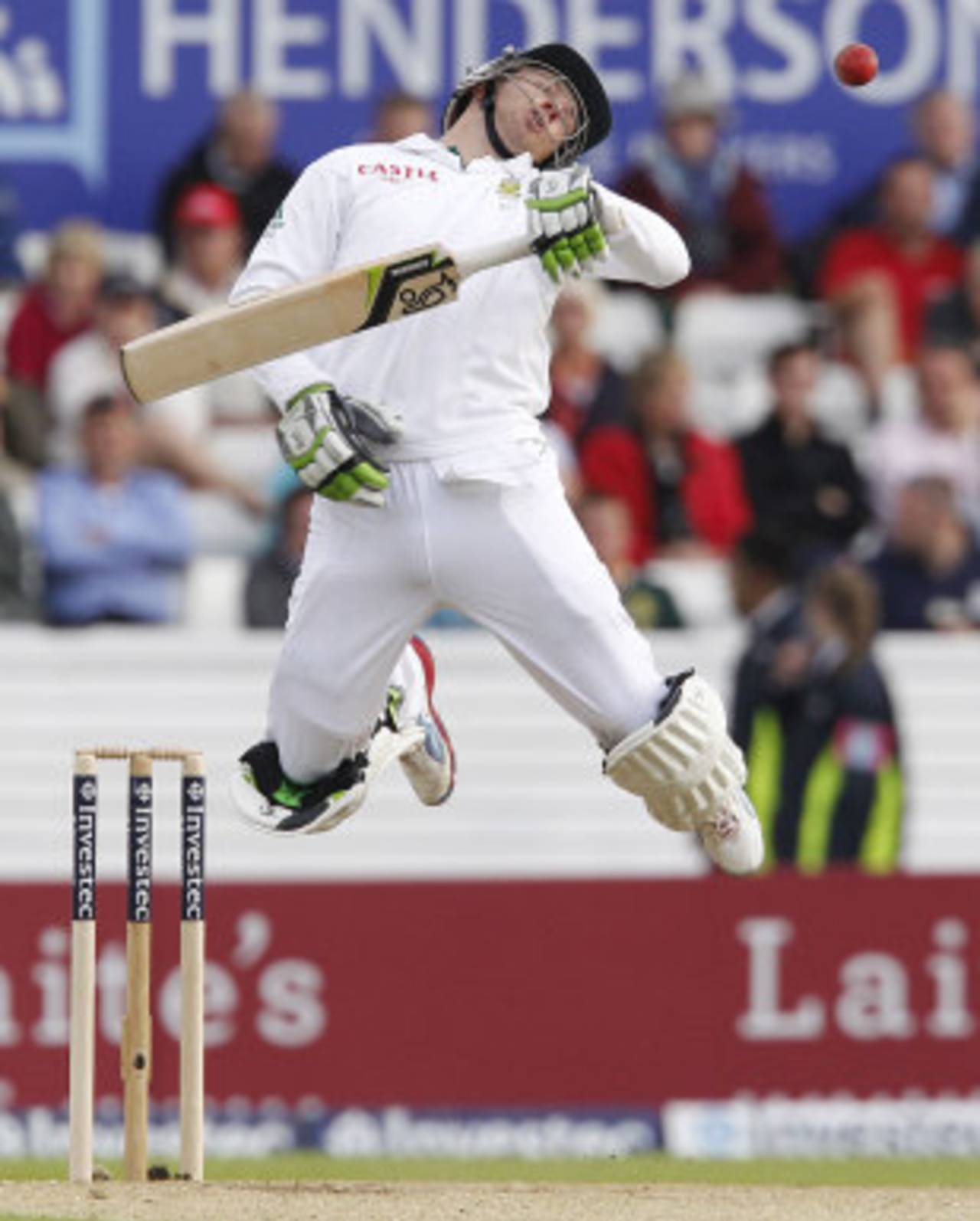 AB de Villiers fends off a short ball from Steven Finn, England v South Africa, 2nd Investec Test, Headingley, 1st day, August 2, 2012