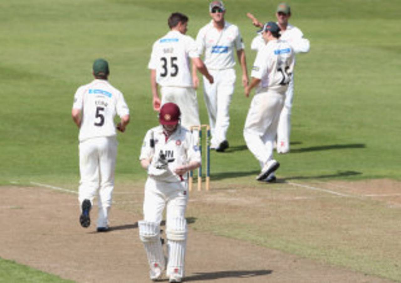Leicestershire's players celebrate the dismissal of Niall O'Brien, Northamptonshire v Leicestershire, County Championship, Division Two, Northampton, 1st day, August 10, 2012