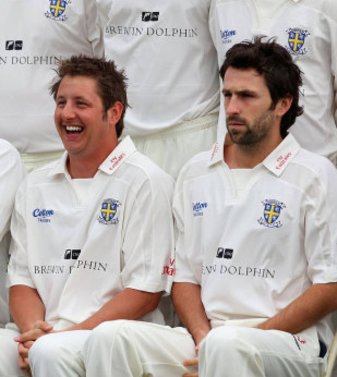 Phil Mustard and Graham Onions sit side by side for a Durham squad photo, April 6, 2010