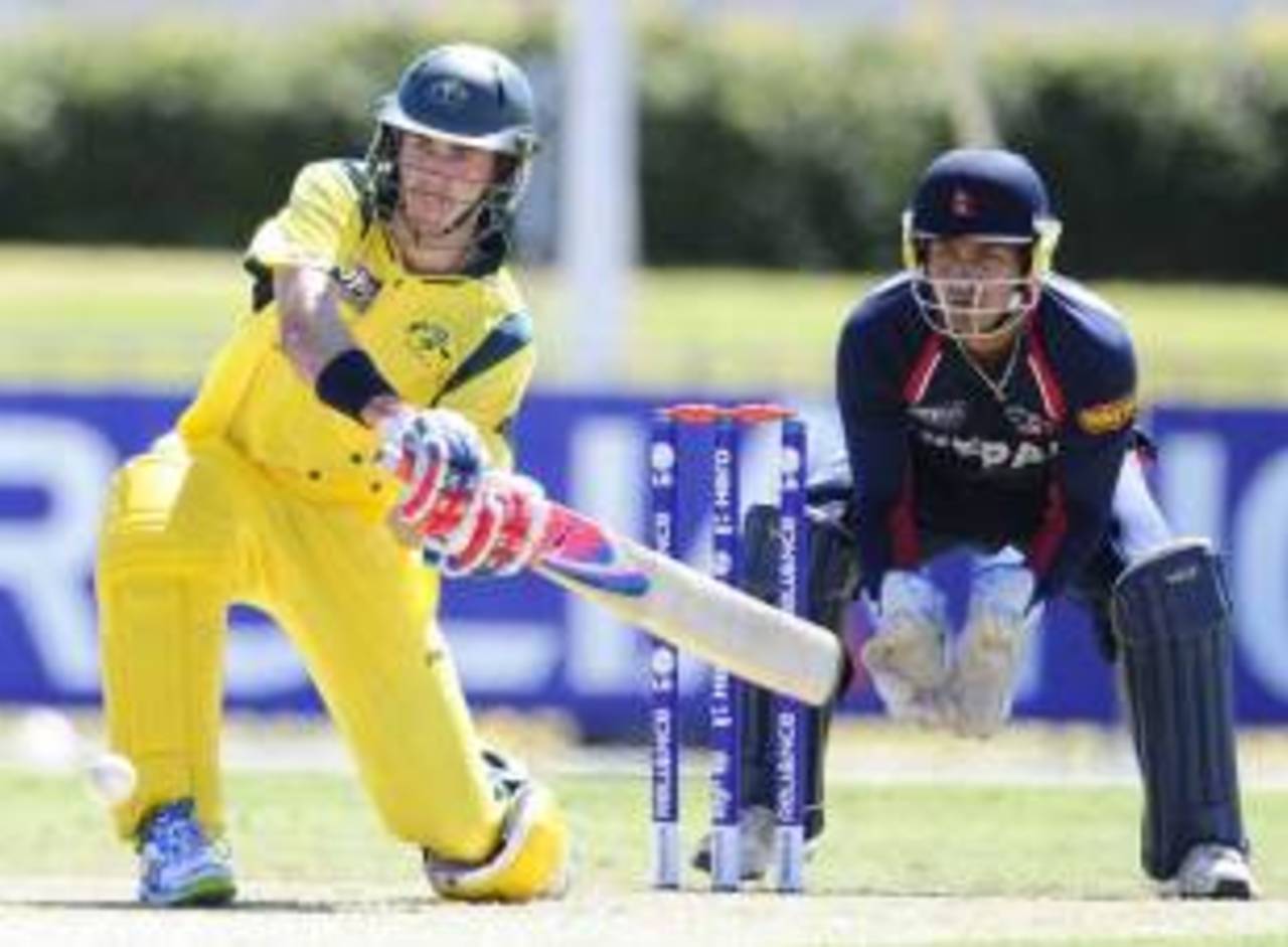Kurtis Patterson shapes up to slog-sweep, Australia v Nepal, Group A, ICC Under-19 World Cup 2012, Townsville, August 13, 2012