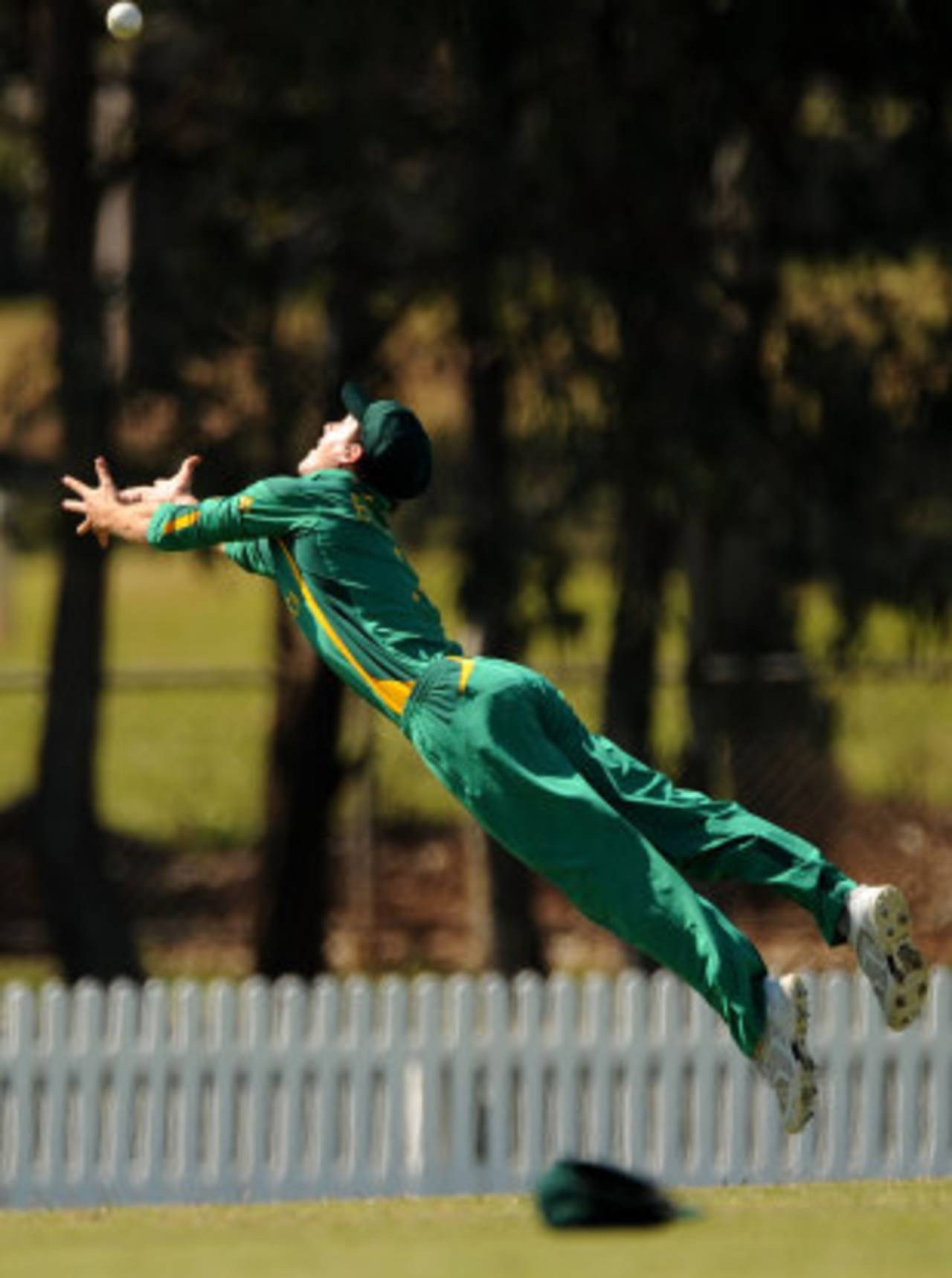 South Africa captain Chad Bowes puts in an acrobatic fielding effort, Sri Lanka v South Africa, Group D, ICC Under-19 World Cup 2012, Brisbane, August 15, 2012