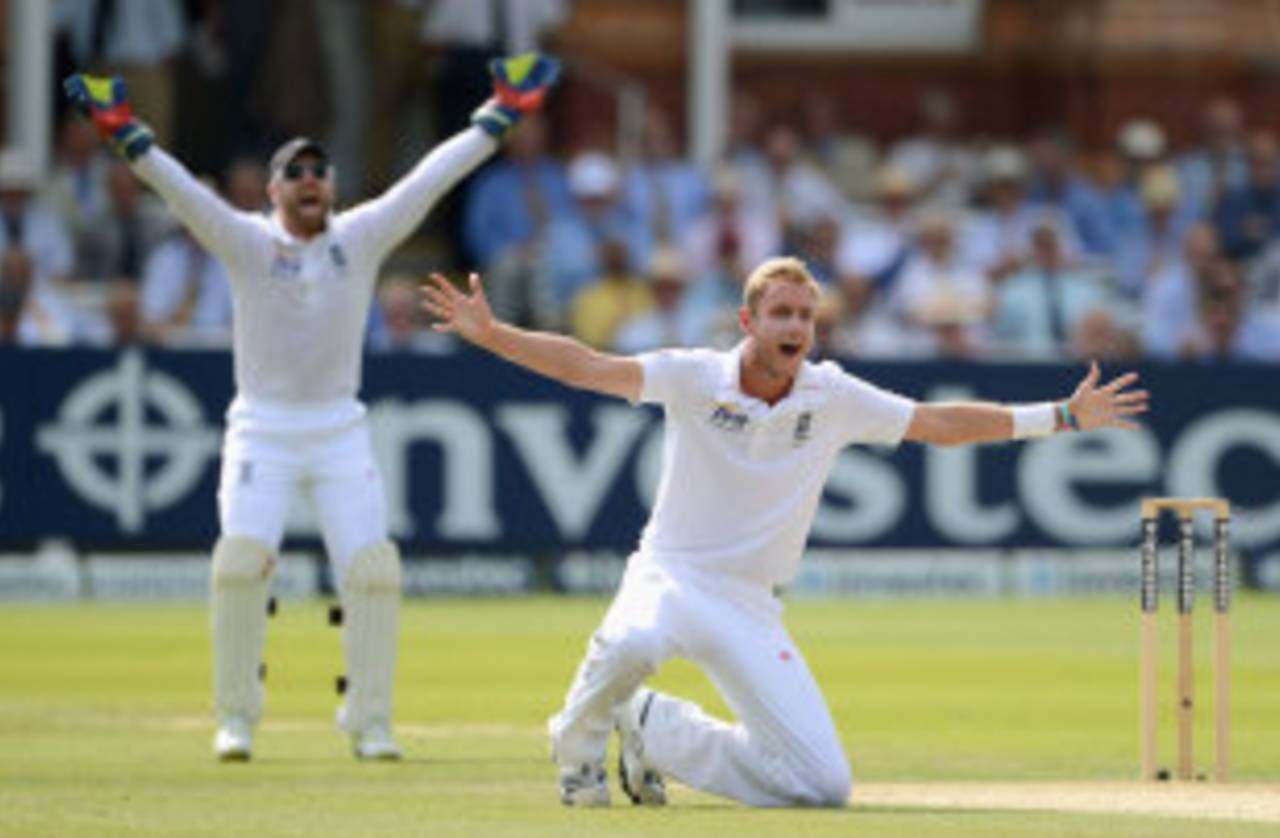 Stuart Broad goes down on his knees to appeal for a wicket, England v South Africa, 3rd Investec Test, Lord's, 3rd day, August 18, 2012