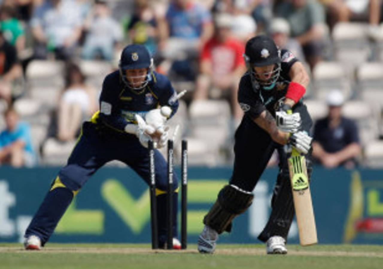 Kevin Pietersen is bowled first ball by Liam Dawson, Hampshire v Surrey, CB40 Group B, West End, August, 19, 2012