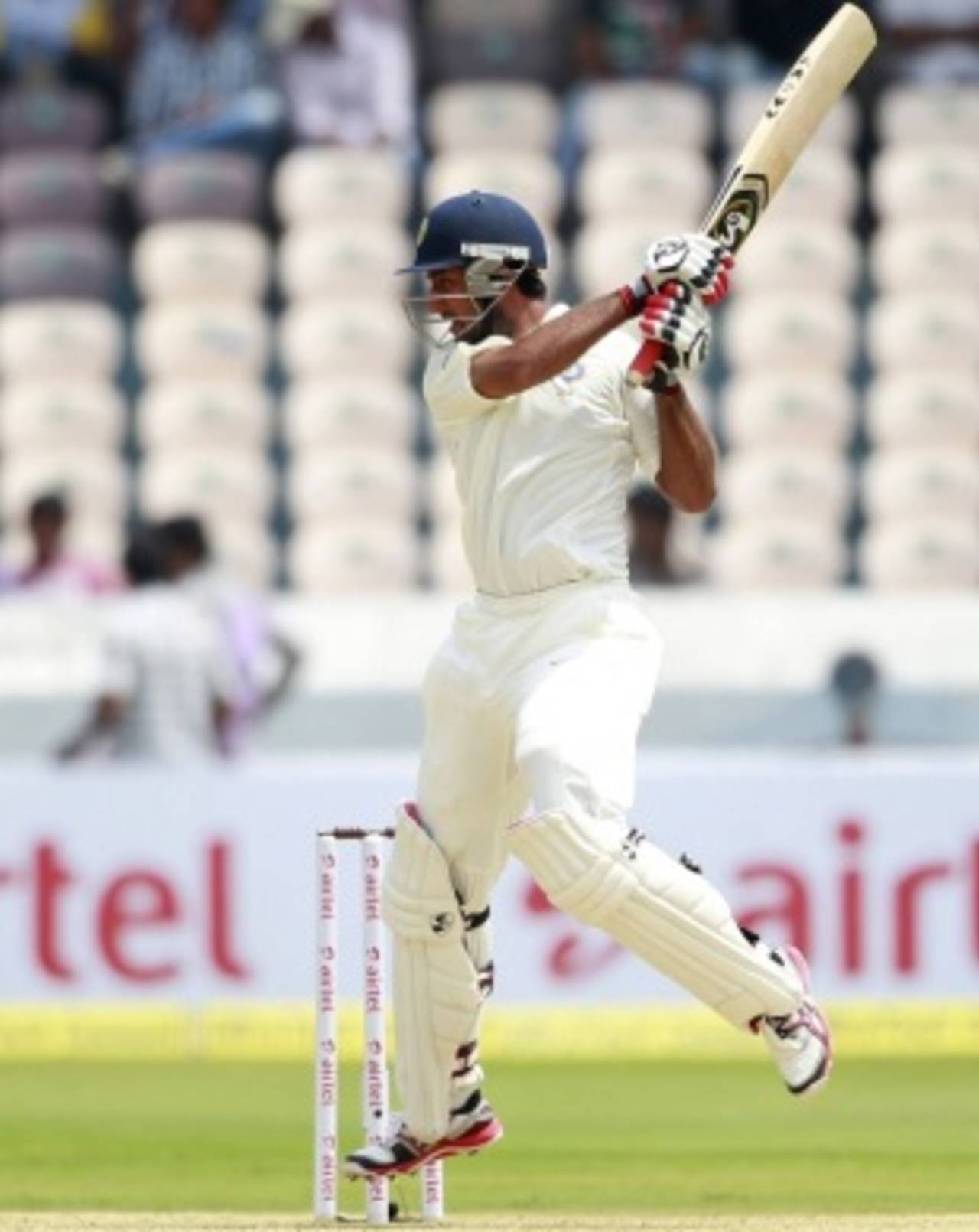 Cheteshwar Pujara plays a square-cut, India v New Zealand, 1st Test, Hyderabad, 1st day, August 23, 2012