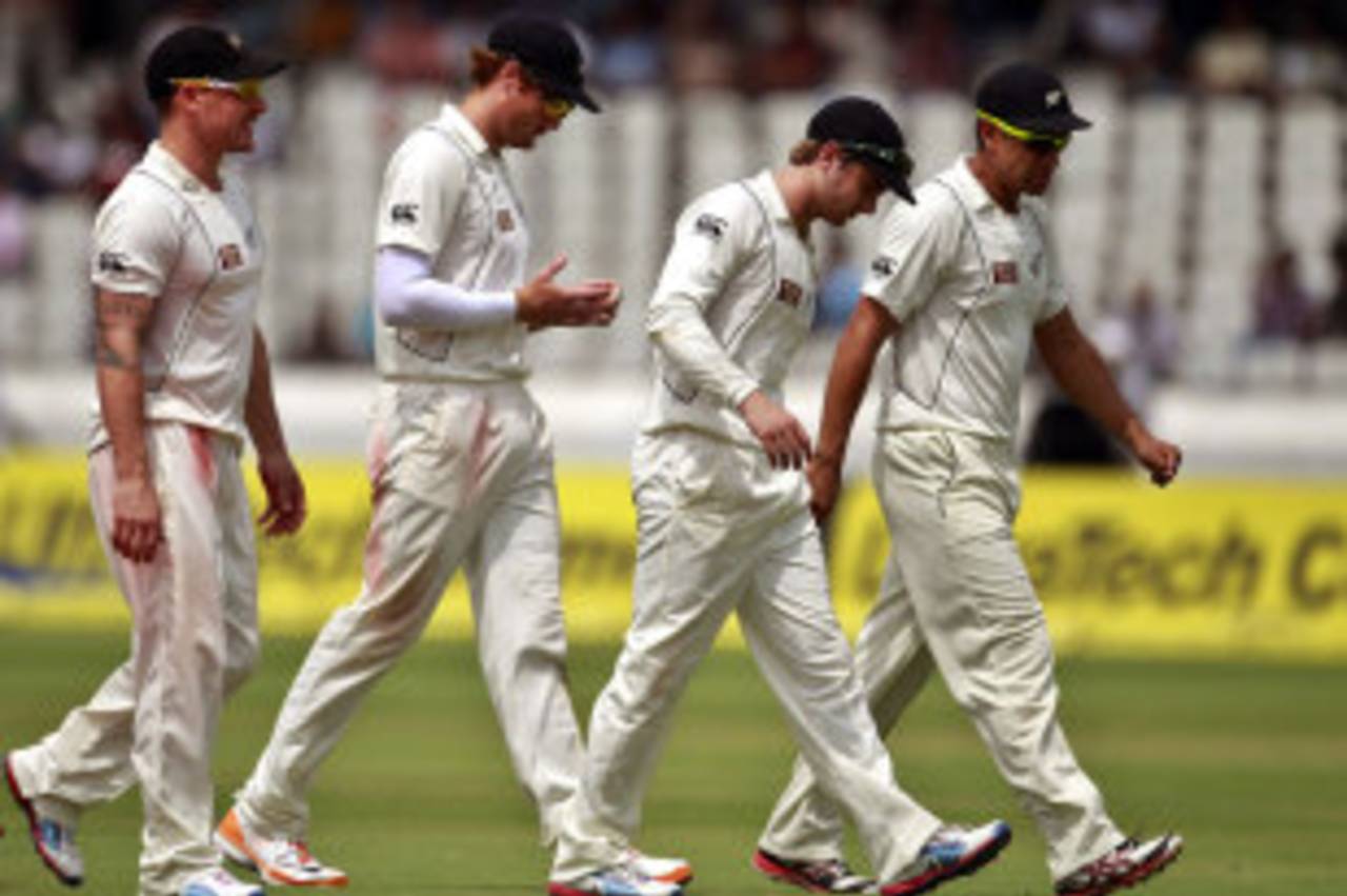 New Zealand's batting mainstays walk off at the end of India's innings, India v New Zealand, 1st Test, Hyderabad, 2nd day, August 24, 2012
