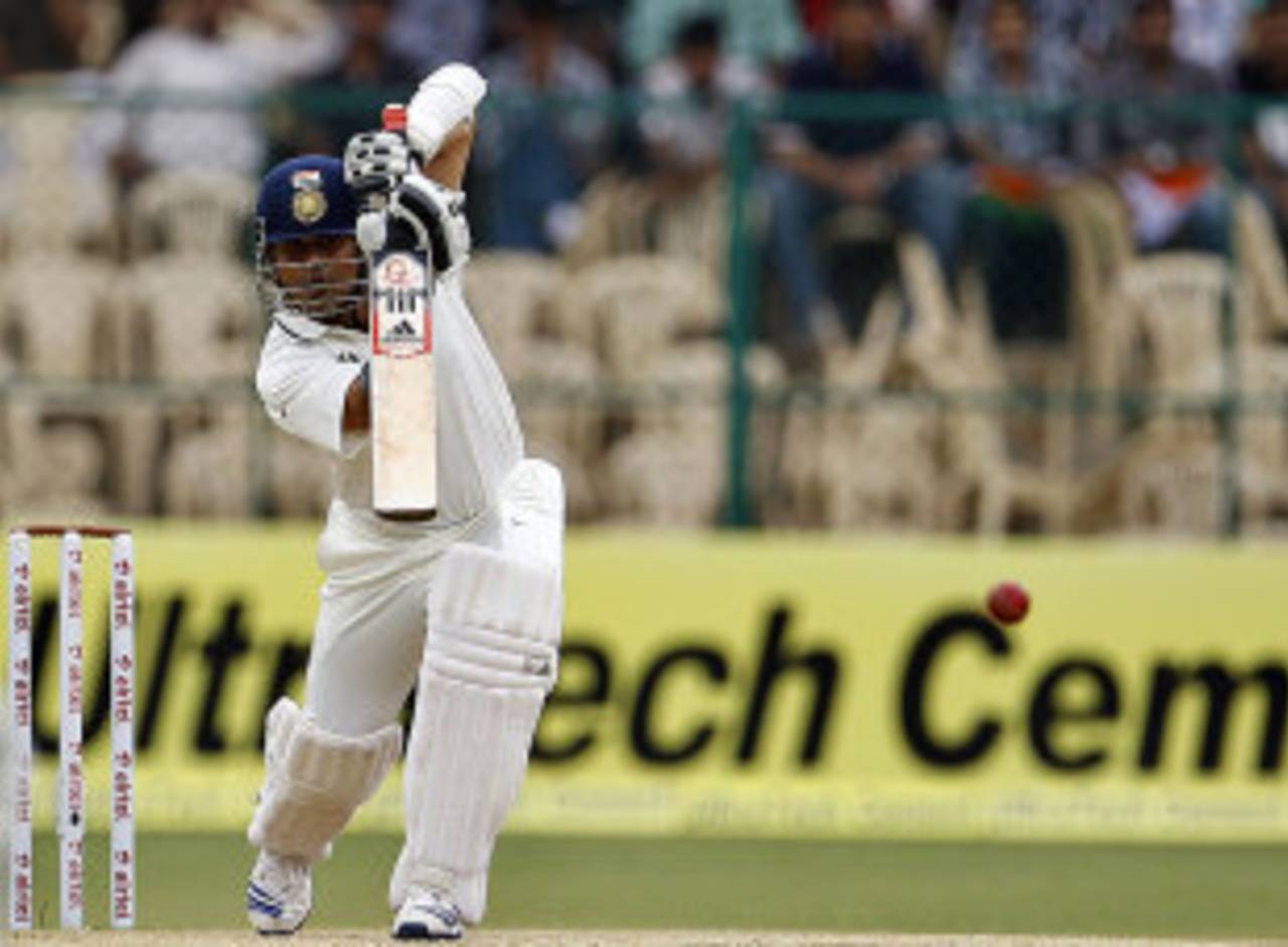 Sachin Tendulkar drives down the ground, India v New Zealand, 2nd Test, Bangalore, 4th day, September 3, 2012