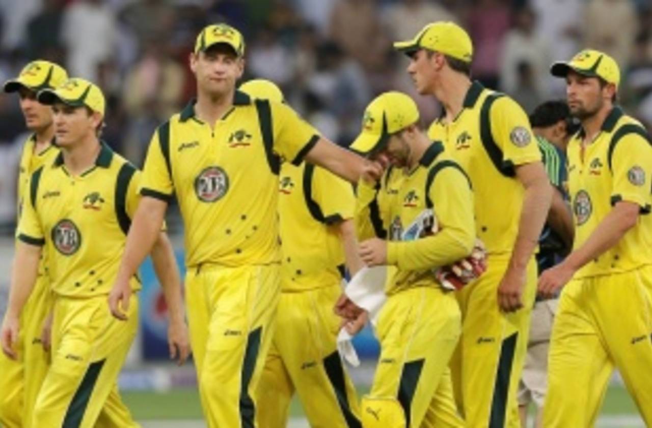 The dejected Australians leave the field after their loss, Pakistan v Australia, 1st T20I, Dubai, September 5, 2012