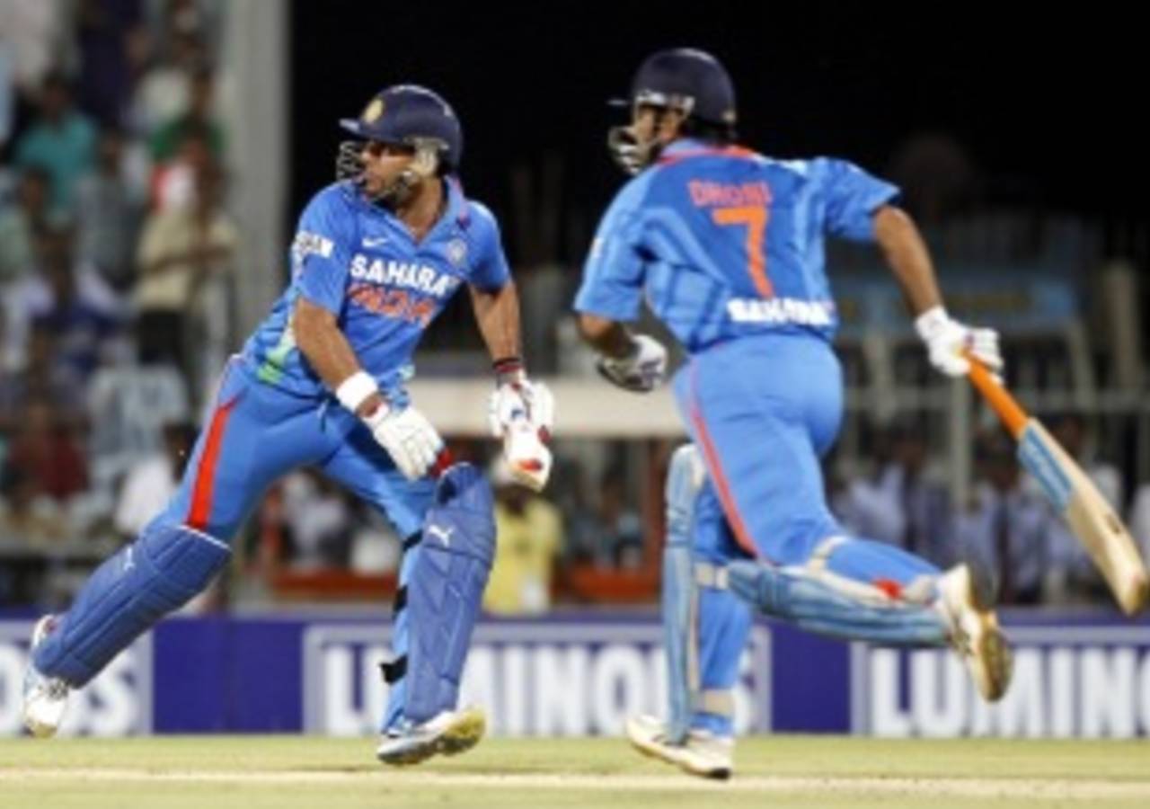 Yuvraj Singh and MS Dhoni scamper for a run, India v New Zealand, 2nd T20I, Chennai, September 11, 2012