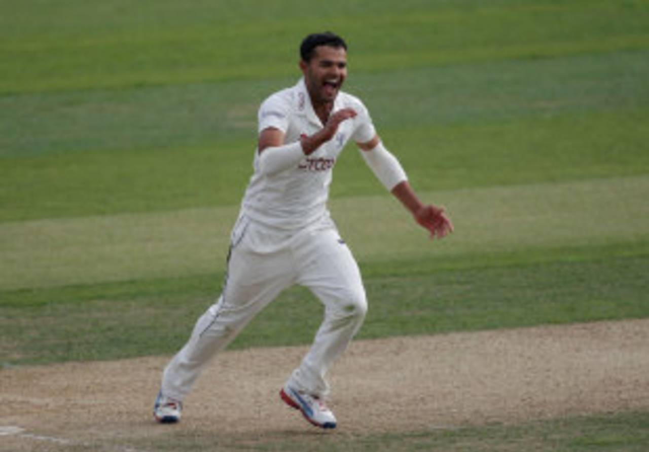 Azeem Rafiq celebrates one of his three wickets, County Championship, Division Two, Chelmsford, 2nd day, September 12, 2012