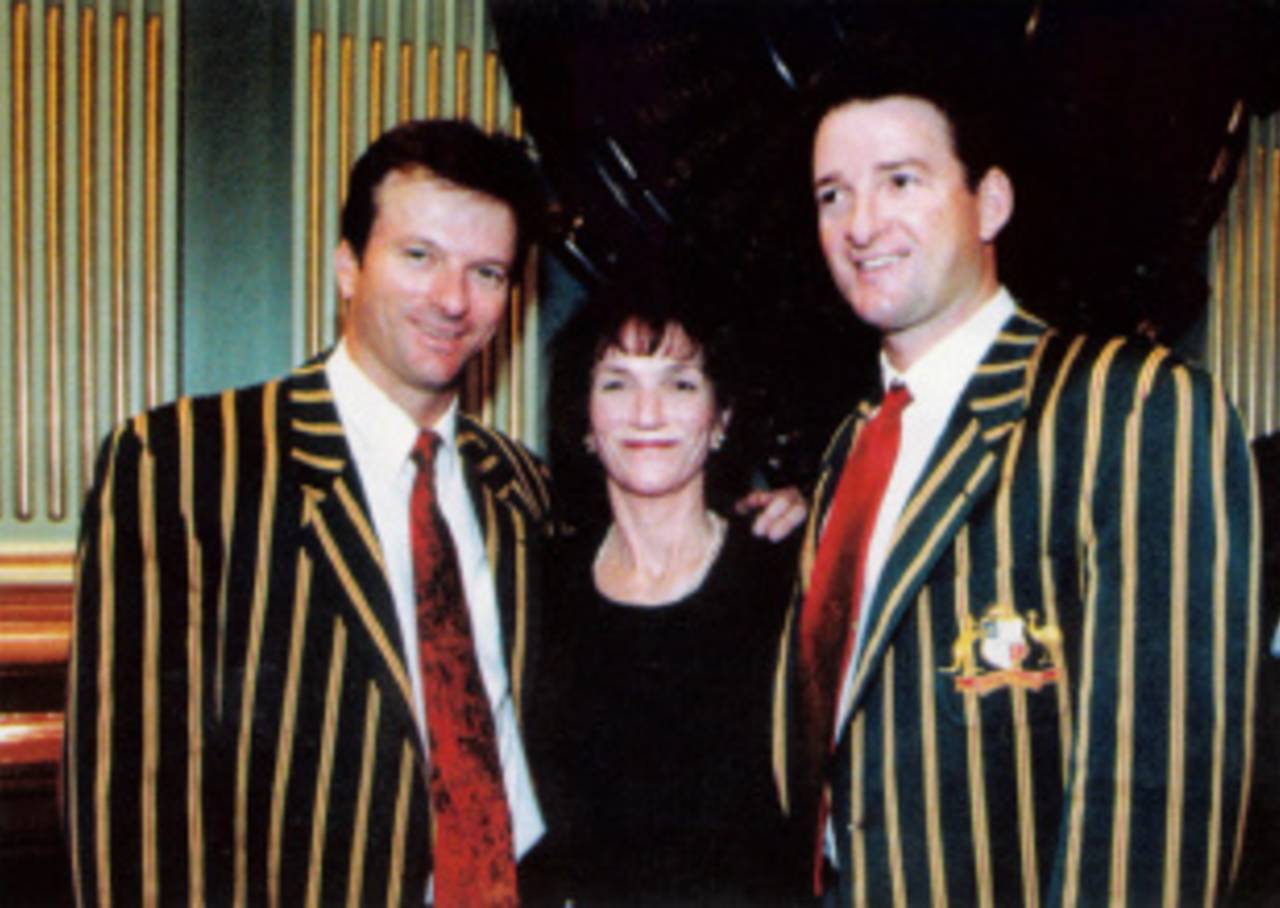 Bev Waugh, with her World Cup-winning sons Steve and Mark (photo from <i>Mark Waugh: The Biography</i>)