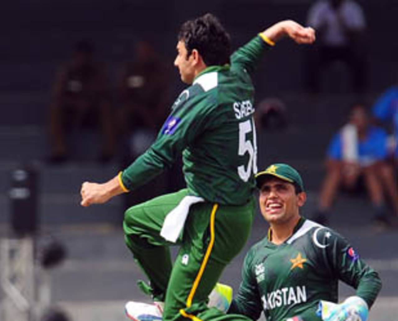Saeed Ajmal celebrates after taking a wicket, India v Pakistan, World Twenty20 warm-ups, Colombo, September 17, 2012