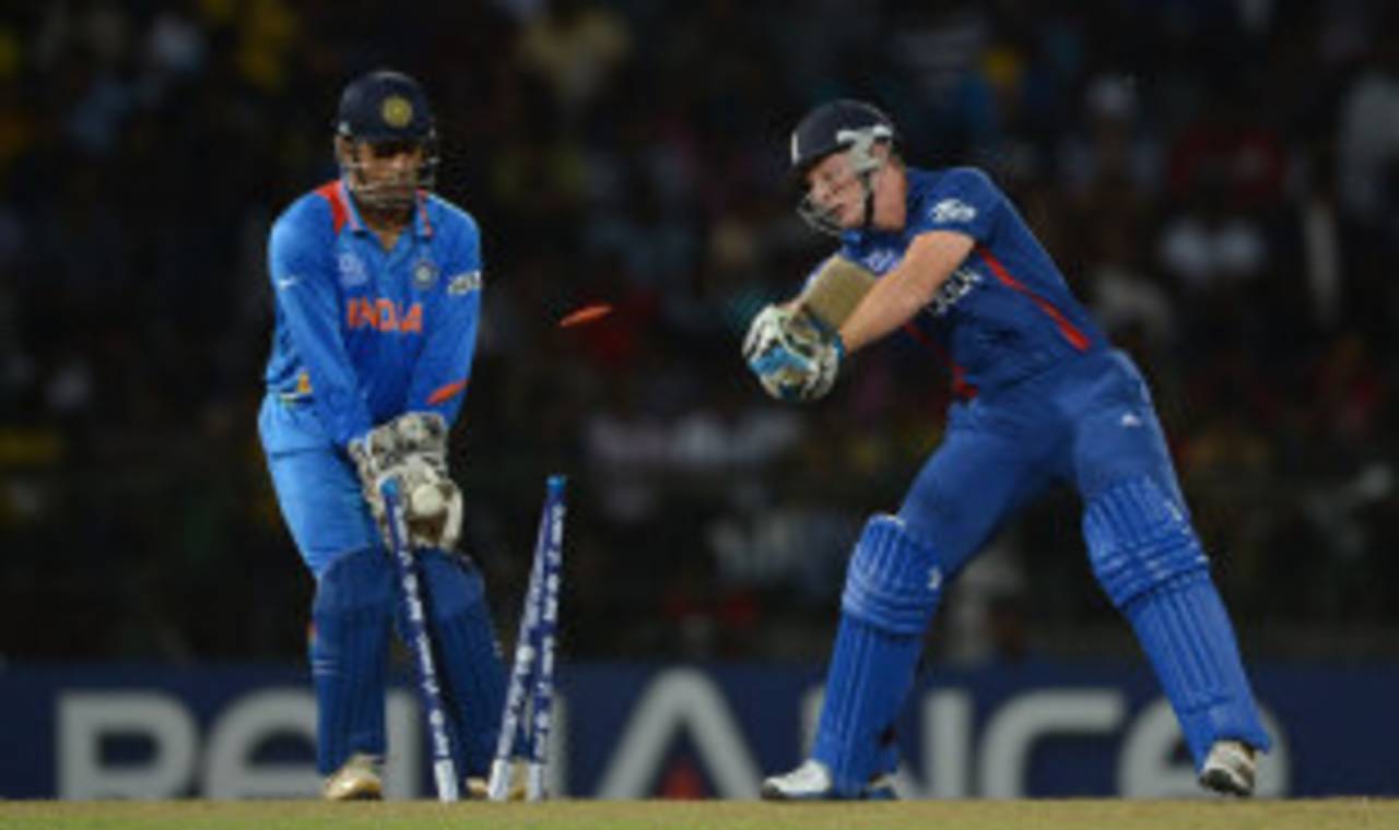 Jos Buttler is bowled as India's spinners ran riot, England v India, World Twenty20, Group A, Colombo