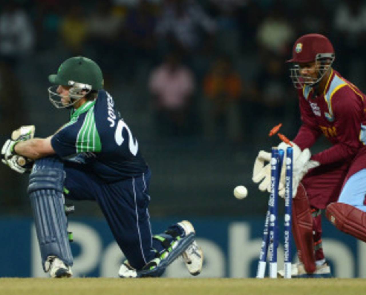 Ed Joyce is bowled, Ireland v West Indies, World Twenty20, Group B, Colombo, September 24, 2012