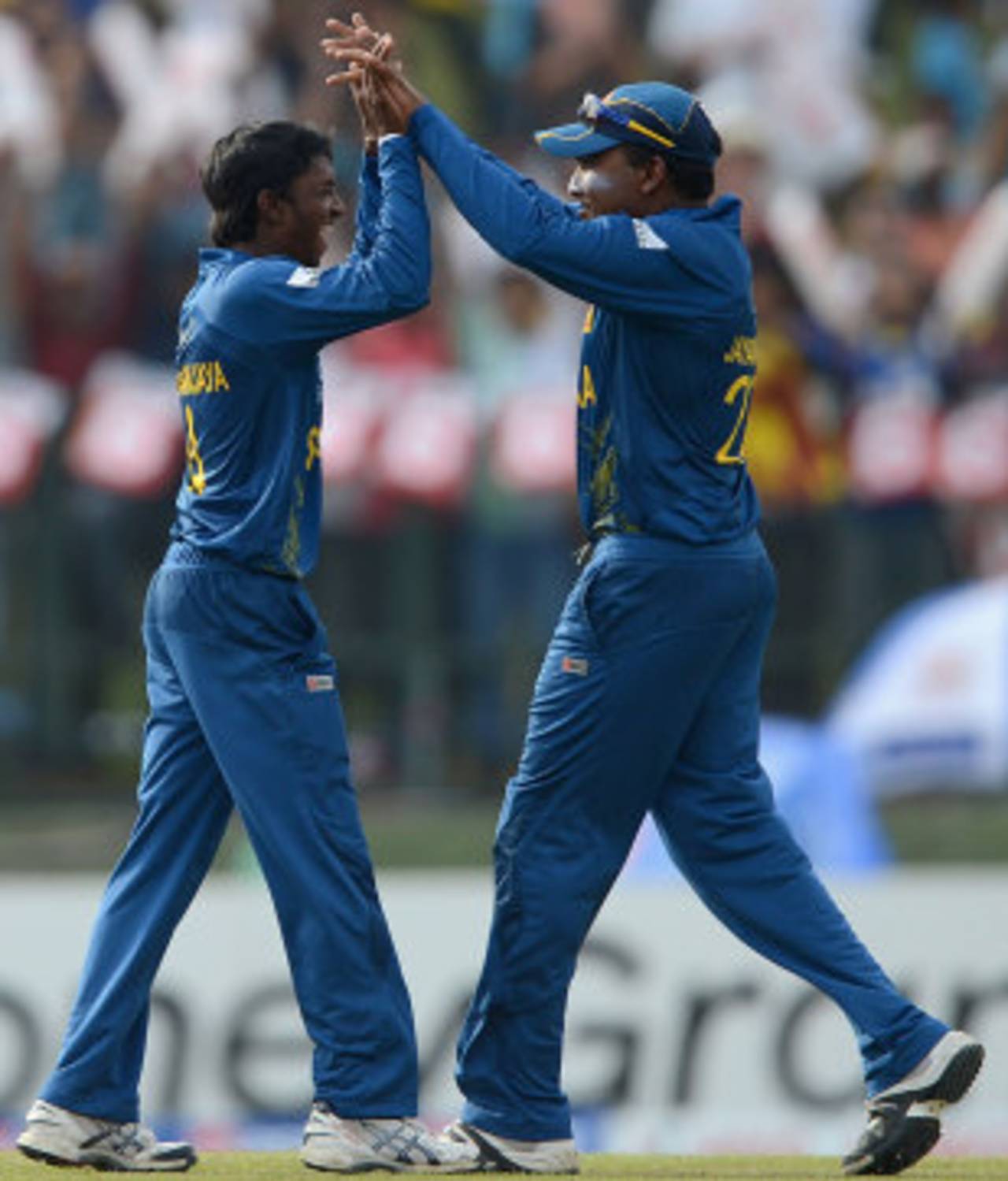 Akila Dananjaya celebrates his first wicket with Mahela Jayawardene, Sri Lanka v New Zealand, World T20 2012, Super Eights, Pallekele, September 27, 2012