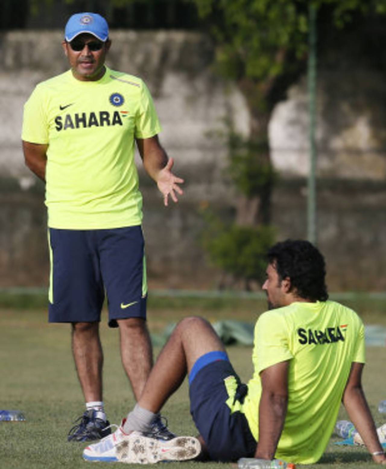Virender Sehwag chats with Zaheer Khan at a net session a day ahead of the match against Pakistan, World Twenty20, Colombo, September 29, 2012