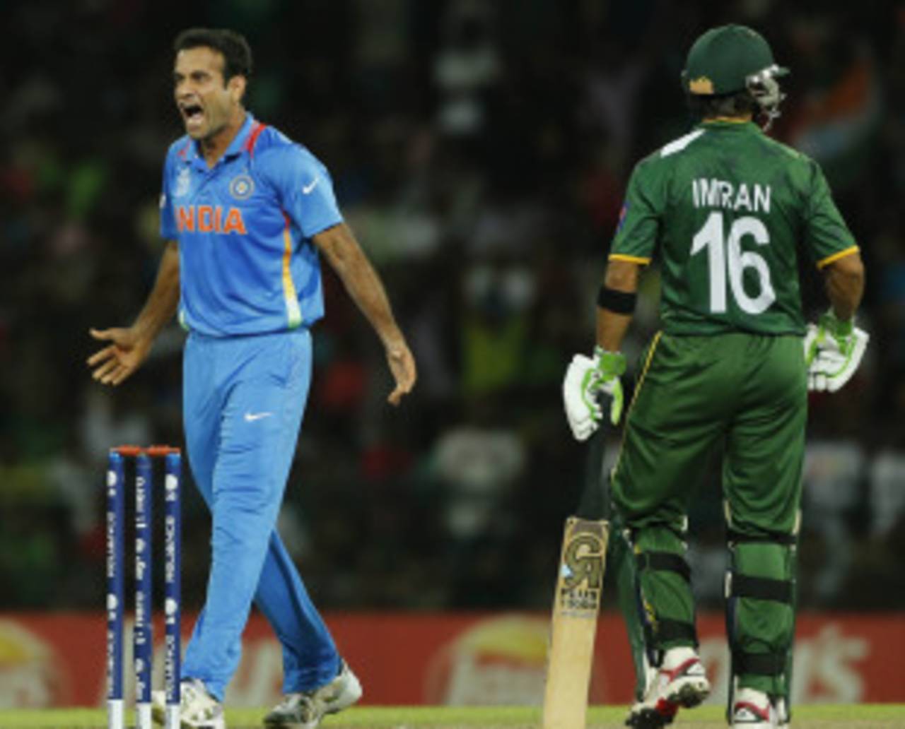 Irfan Pathan reacts after dismissing Imran Nazir, India v Pakistan, Super Eights, World Twenty20, Colombo, September 30, 2012