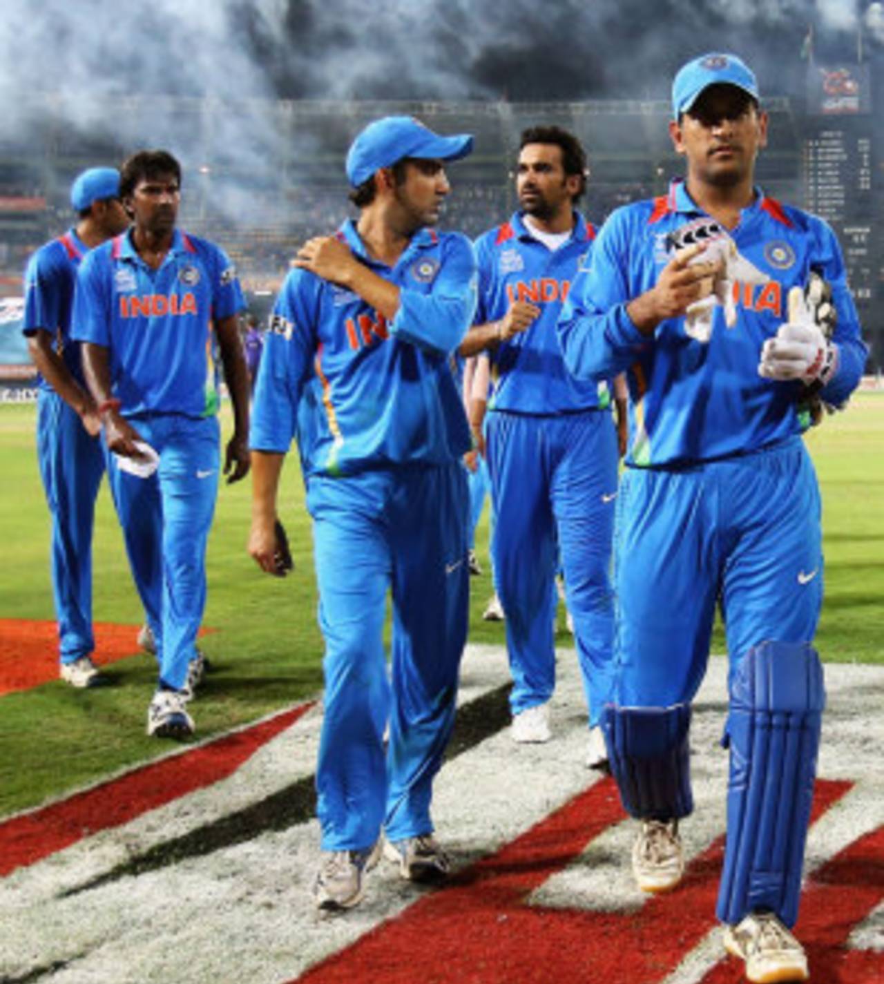 MS Dhoni leads his side from the field having won the game but been knocked out, India v South Africa, Super Eights, World Twenty20, Colombo, October 2, 2012