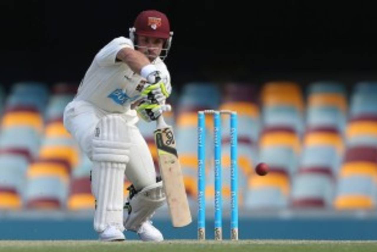Chris Hartley pushes to the off side, Queensland v South Australia, Sheffield Shield, Brisbane, 3rd day, October 3, 2012