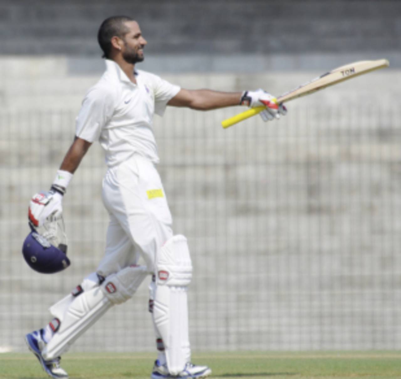 Shikhar Dhawan celebrates a century on the first day, North Zone v West Zone, Duleep Trophy, 1st day, Chennai, October 6, 2012
