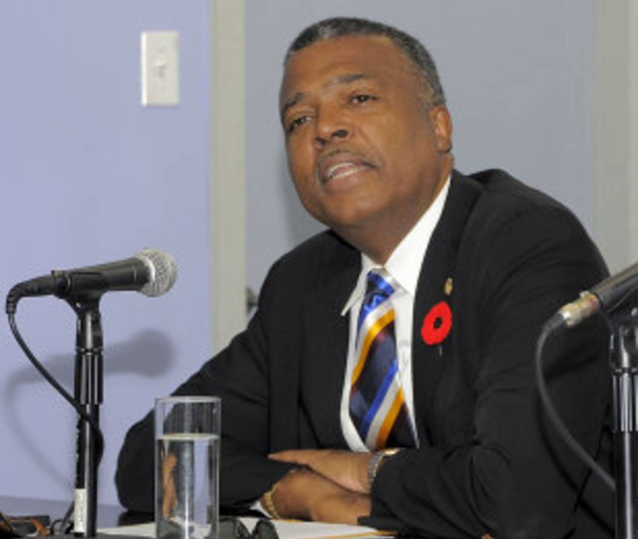 West Indies Cricket Board CEO Michael Muirhead speaks at the Introductory Media Conference at Kensington Oval, Barbados, October 22, 2012 