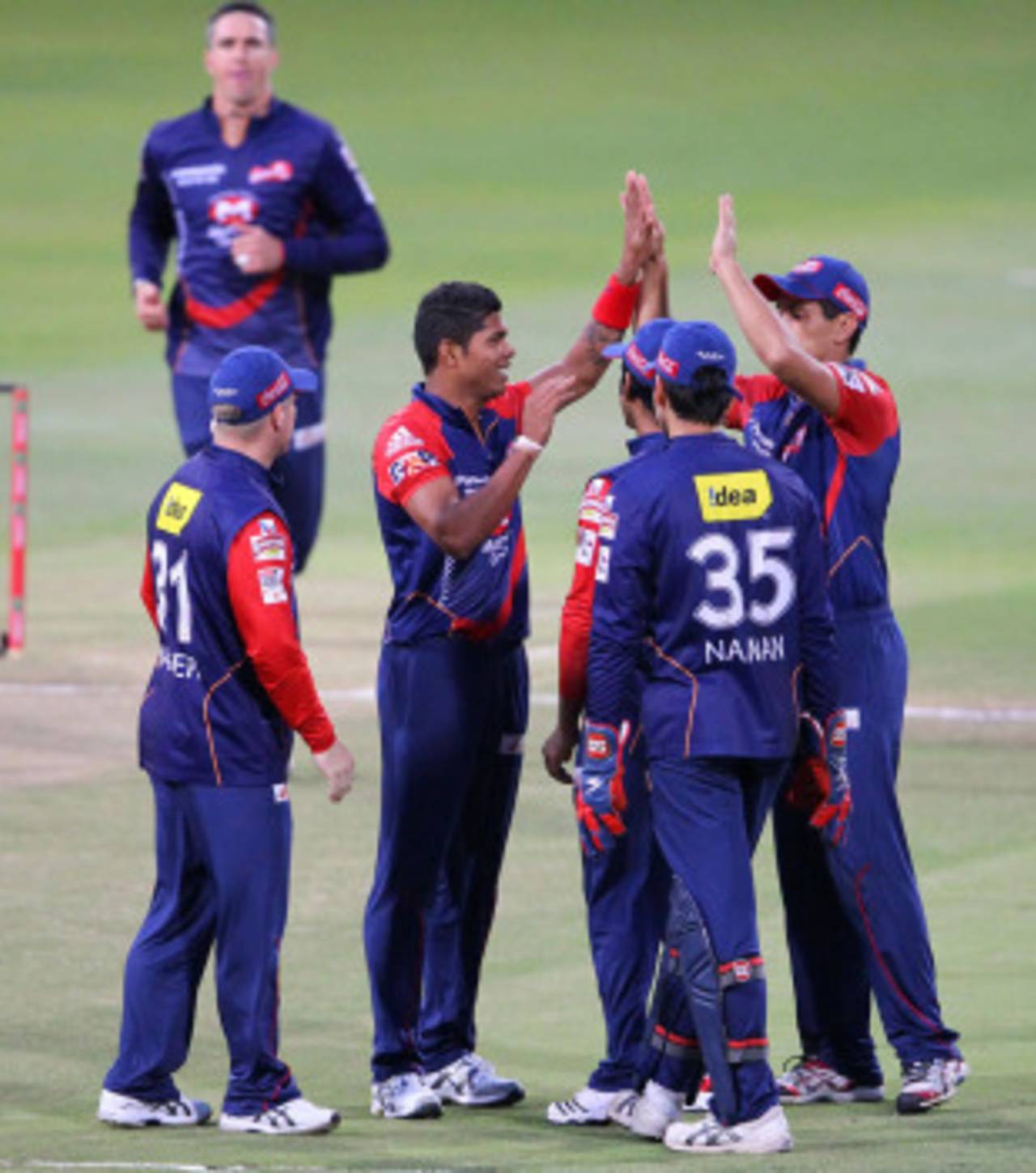 Delhi Daredevils celebrate a wicket, Delhi Daredevils v Lions, 1st semi-final, Champions League T20, Durban, October 25, 2012