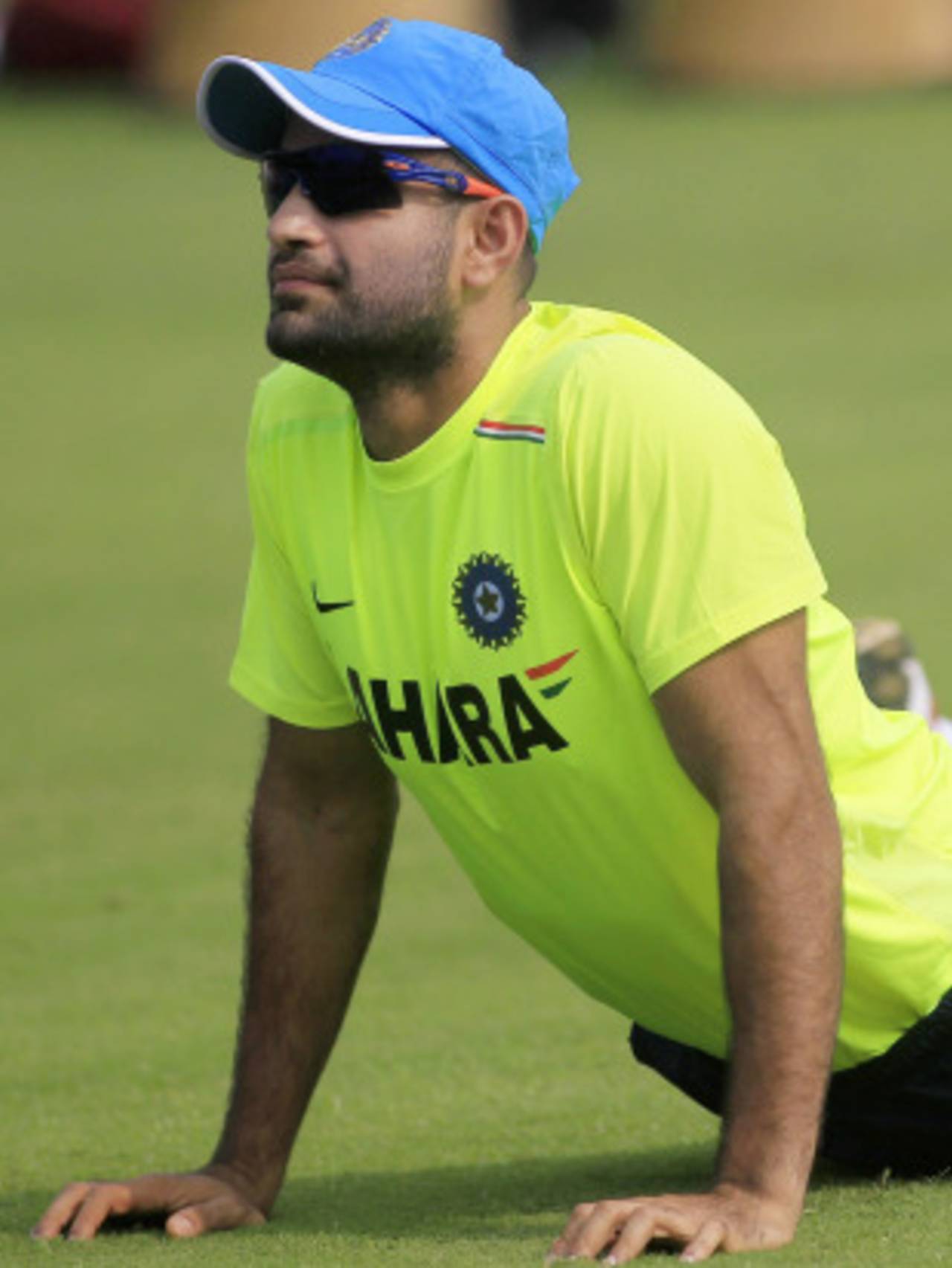 Irfan Pathan stretches during practice ahead of England's tour match against India A, Mumbai, October 29, 2012