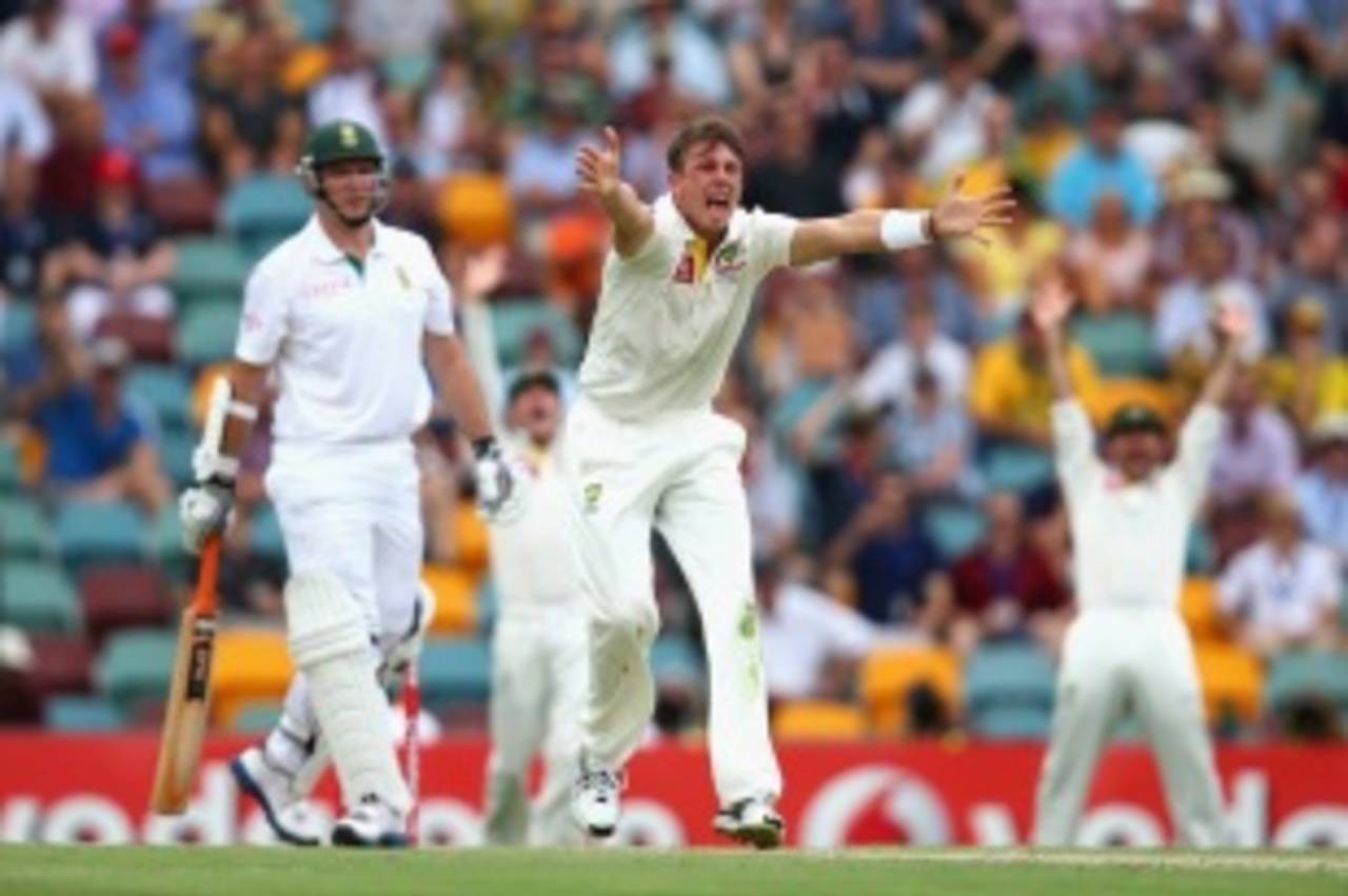James Pattinson appeals for the wicket of Graeme Smith, Australia v South Africa, first Test, Brisbane, day one, November 9, 2012