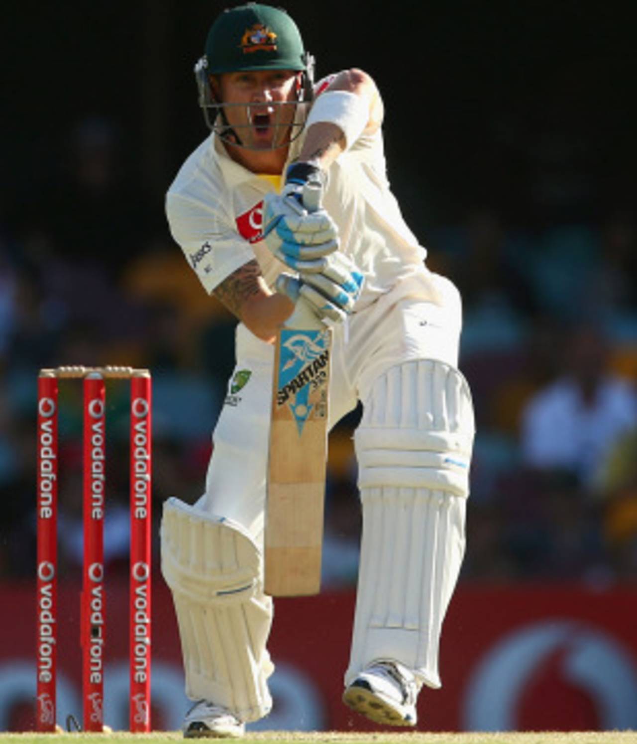 Michael Clarke calls out loud after playing a defensive shot, Australia v South Africa, 1st Test, 3rd day, Brisbane, November 11, 2012