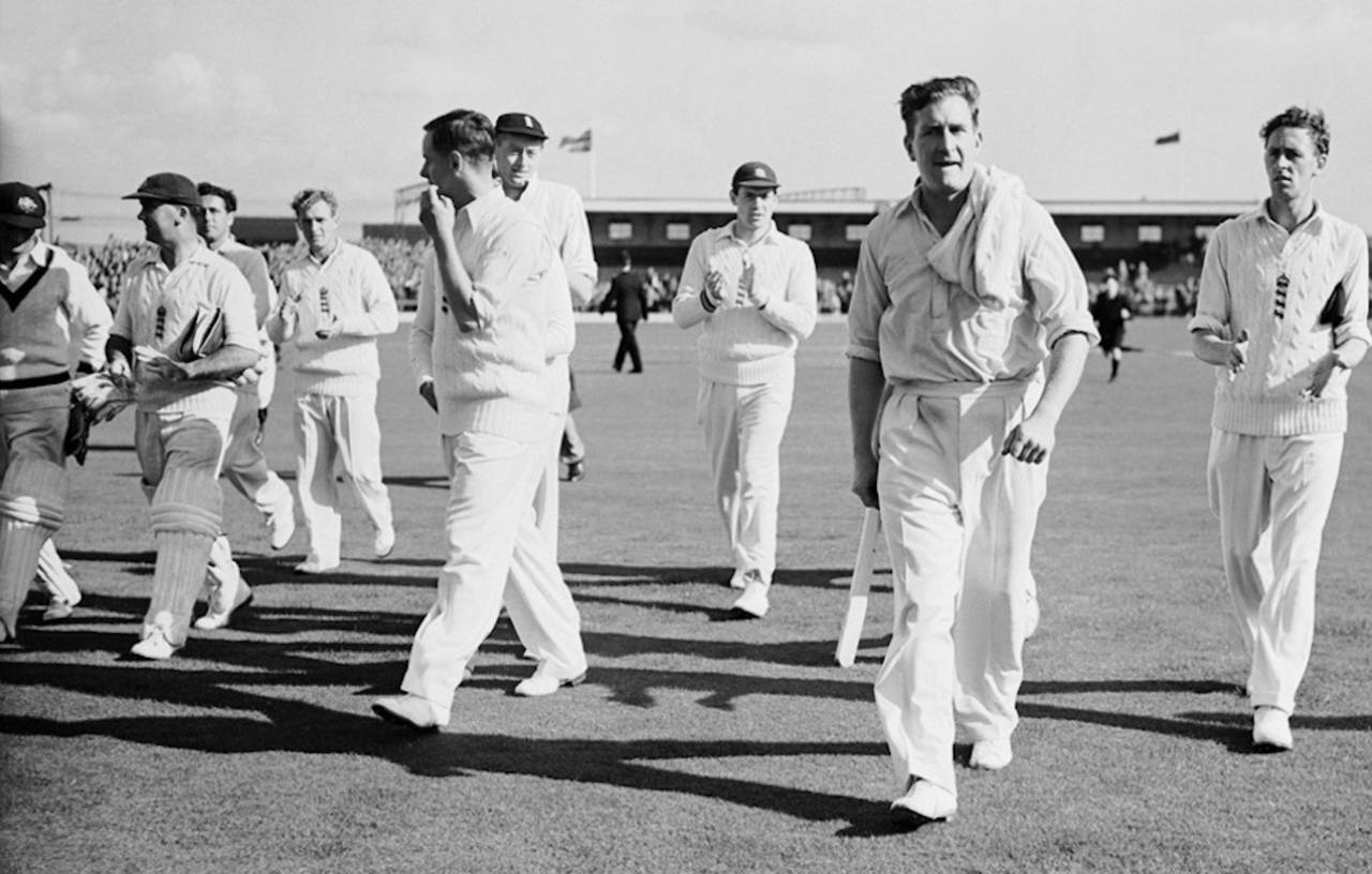 Jim Laker walks back after taking all ten wickets, England v Australia, 4th Test, Old Trafford, 5th day, July 31, 1956