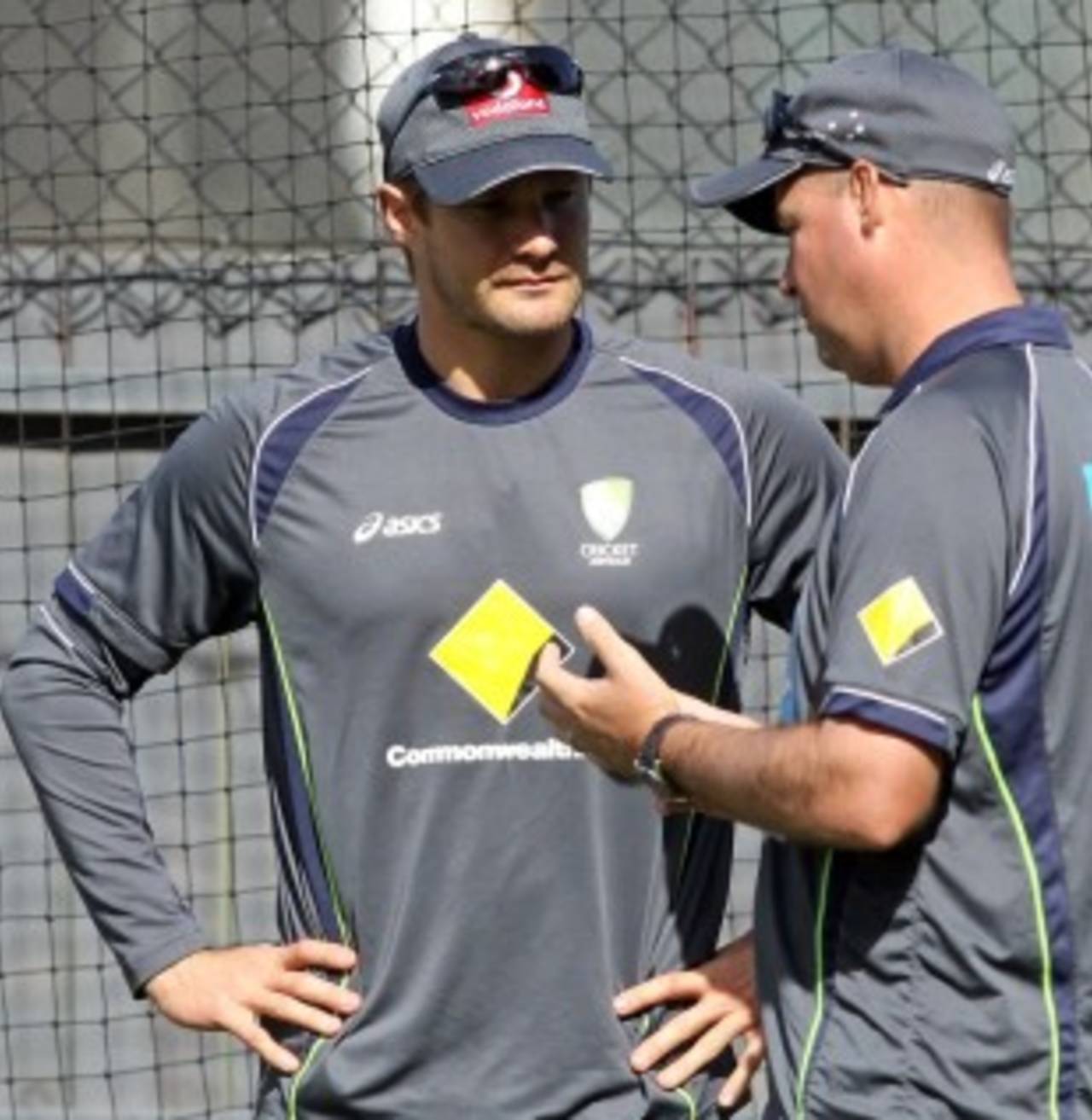 Shane Watson and Mickey Arthur talk at Australia's training session, Adelaide, November 21, 2012