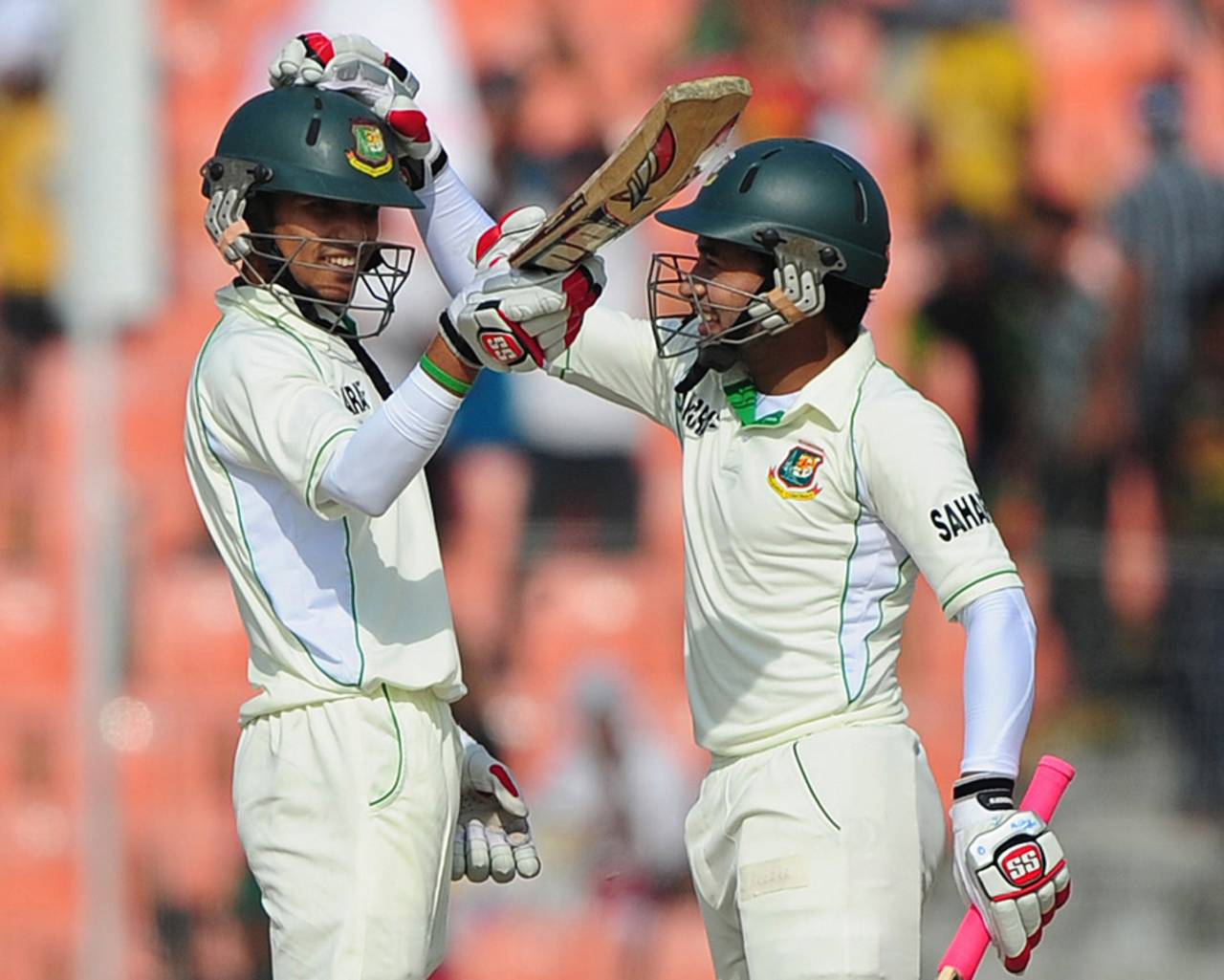 Mushfiqur Rahim congratulates Nasir Hossain for reaching his fifty, Bangladesh v West Indies, 2nd Test, Khulna, 1st day, November 21, 2012