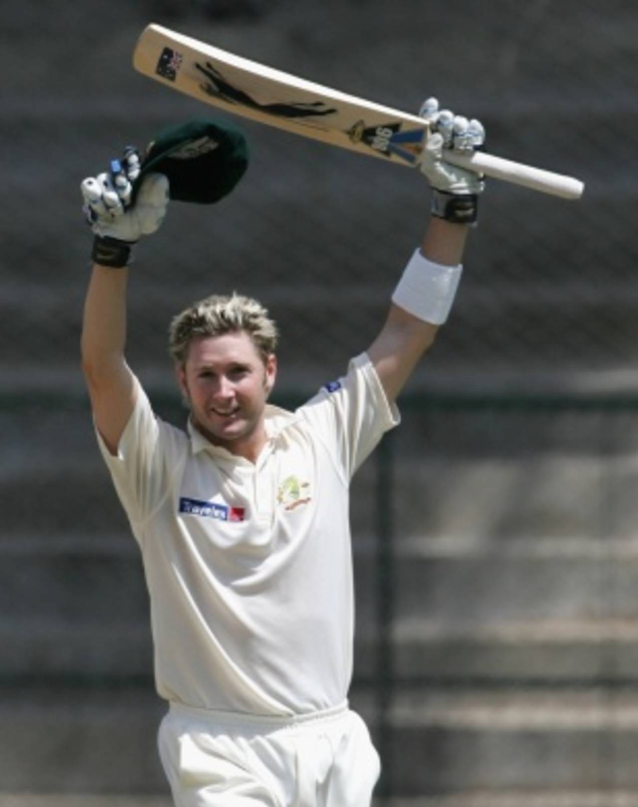 Michael Clarke celebrates his century, Australia v India, 1st Test, Bangalore, 2nd day, October 7, 2004