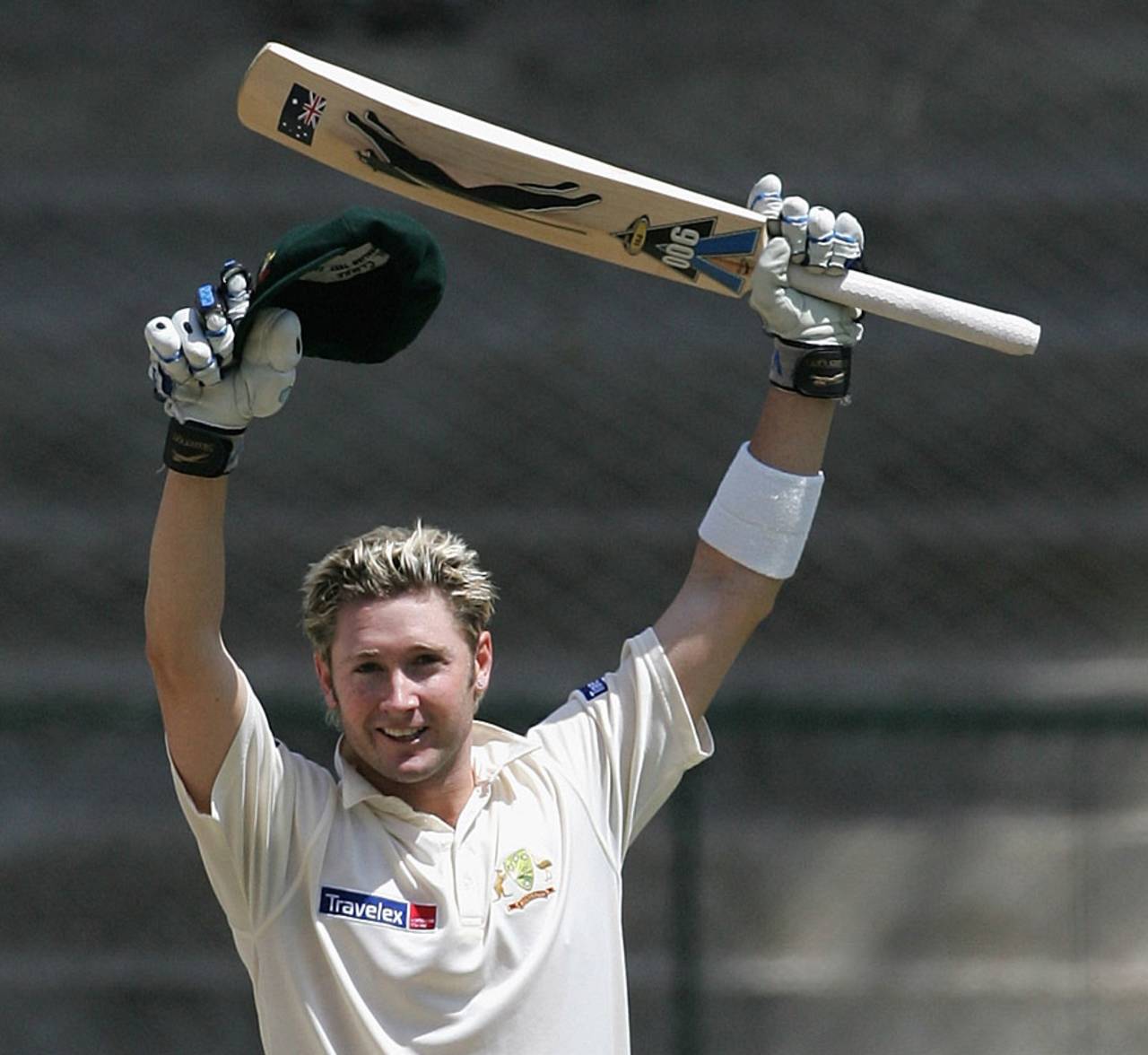 Michael Clarke celebrates his century, Australia v India, 1st Test, Bangalore, 2nd day, October 7, 2004
