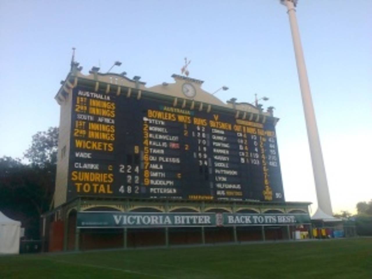 The scoreboard at the end of the first day, Australia v South Africa, 2nd Test, Adelaide, 1st day, November 22, 2012