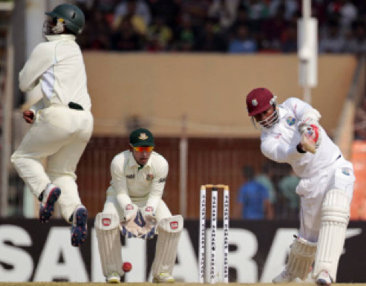 Marlon Samuels drives, Bangladesh v West Indies, 2nd Test, Khulna, 3rd day, November 23, 2012