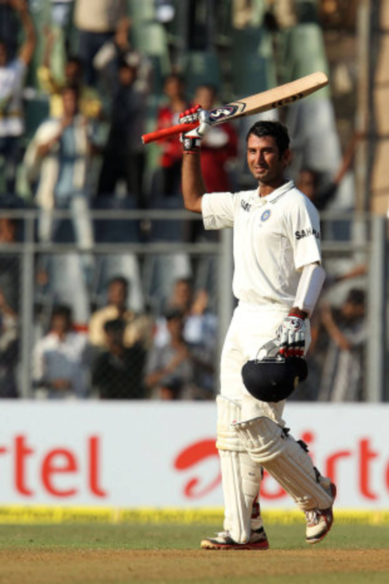 Cheteshwar Pujara got past 100 for the second time in the series, India v England, 2nd Test, Mumbai, 1st day, November 23, 2012