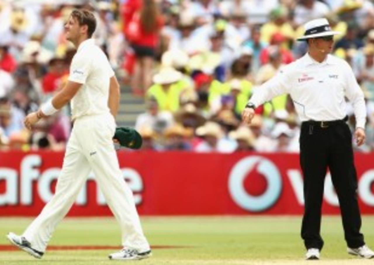 James Pattinson walks off to have his side pain assessed, Australia v South Africa, 2nd Test, Adelaide, 3rd day, November 24, 2012