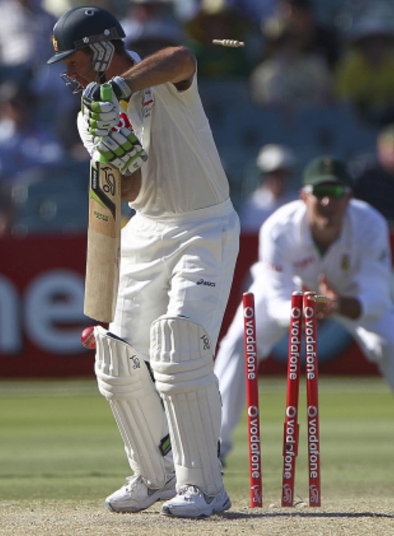 Ricky Ponting is bowled for the second time in the Test, Australia v South Africa, 2nd Test, Adelaide, 3rd day, November 24, 2012